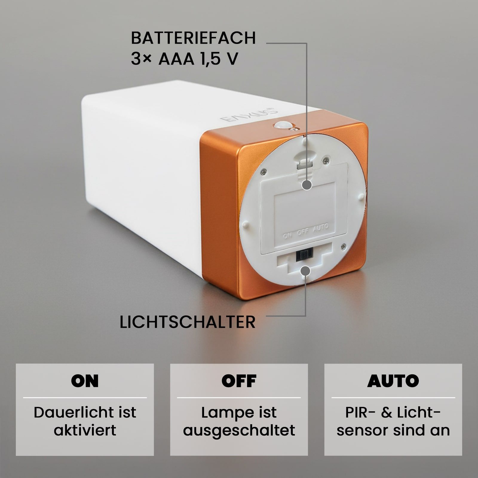 EAXUS LED Tischleuchte Kabllose Nachtlampe im Kupfer/Bronze Look, mit Bewegungssensor & Dämmerungssensor, LED fest integriert, warmweiß, Nachttischleuchte – Bild 4 von 5