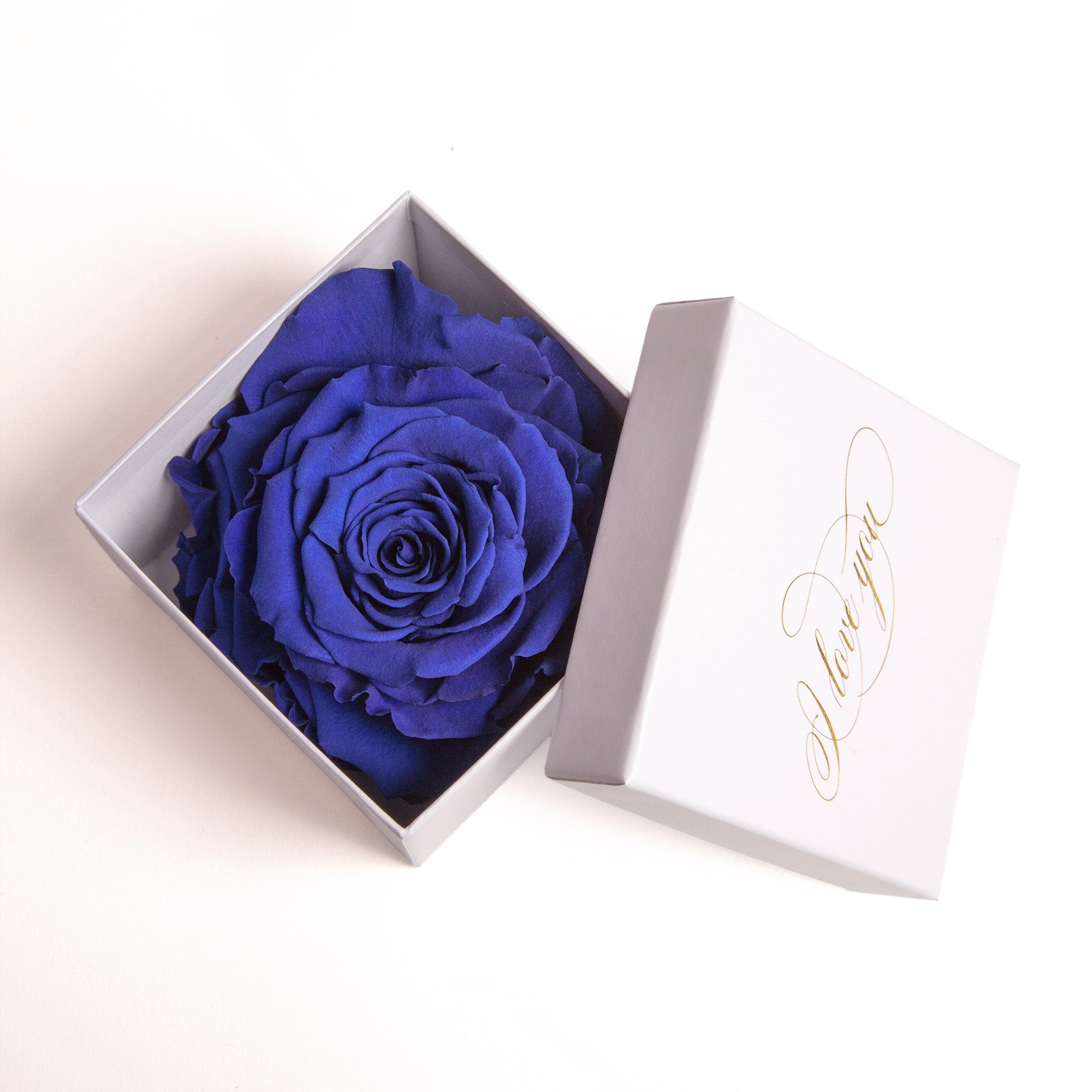 Kunstblume Infinity Rose in Box weiß I LOVE YOU Geschenk Frauen Liebesbeweis Valentinstag Rose, ROSEMARIE SCHULZ Heidelberg, Höhe 6 cm, Rose haltbar bis zu 3 Jahre blau