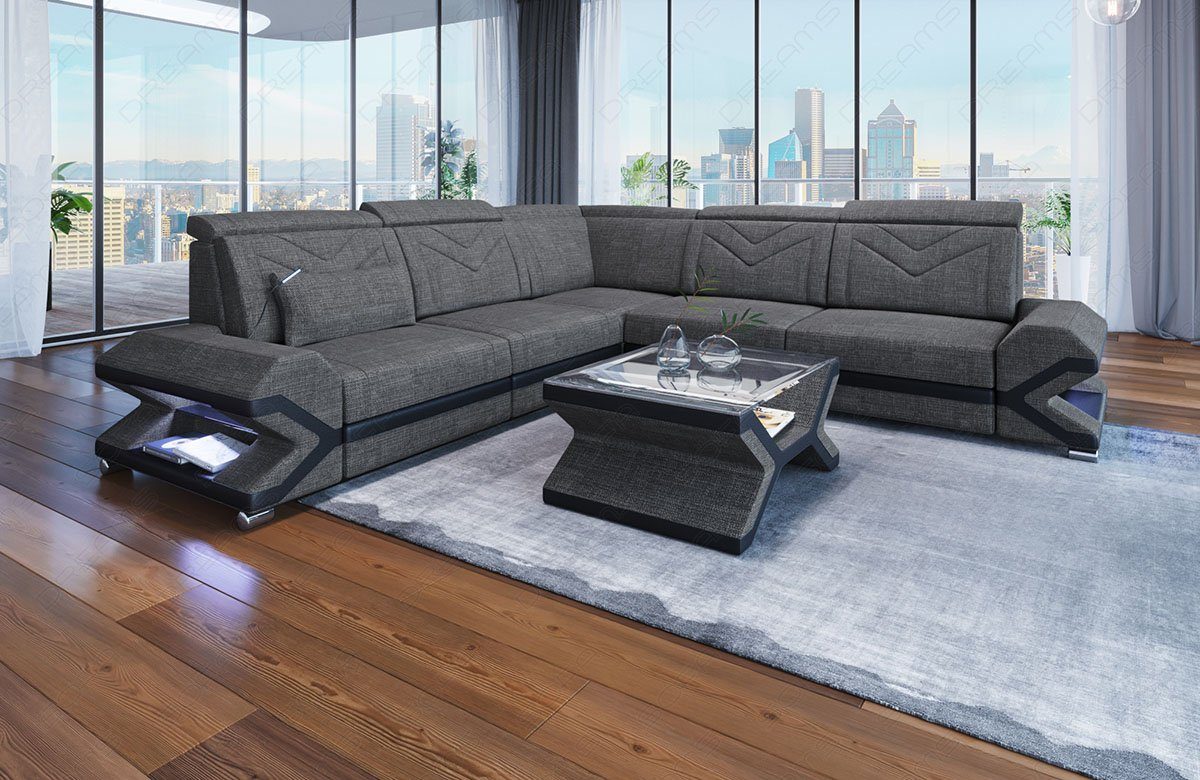 Sofa Dreams Ecksofa Sorrento Couch H5 Stoff ausziehbare Bettfunktion, Polstersofa, L Stoffsofa Designersofa mit Grau-Schwarz LED, Form