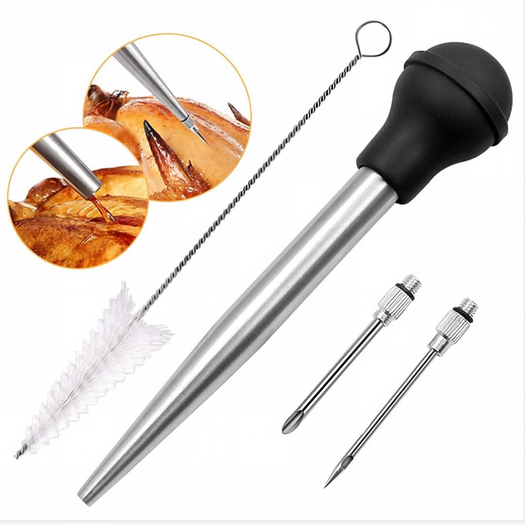 AURIVION Marinierspritze BBQ Marinadenspritze mit Edelstahl Nadeln für Grillfleisch, (Set, 4-St., Marinade Spritze aus Edelstahl für saftiges Grillgut), Marinierspritze für Fleisch, Geflügel und Braten