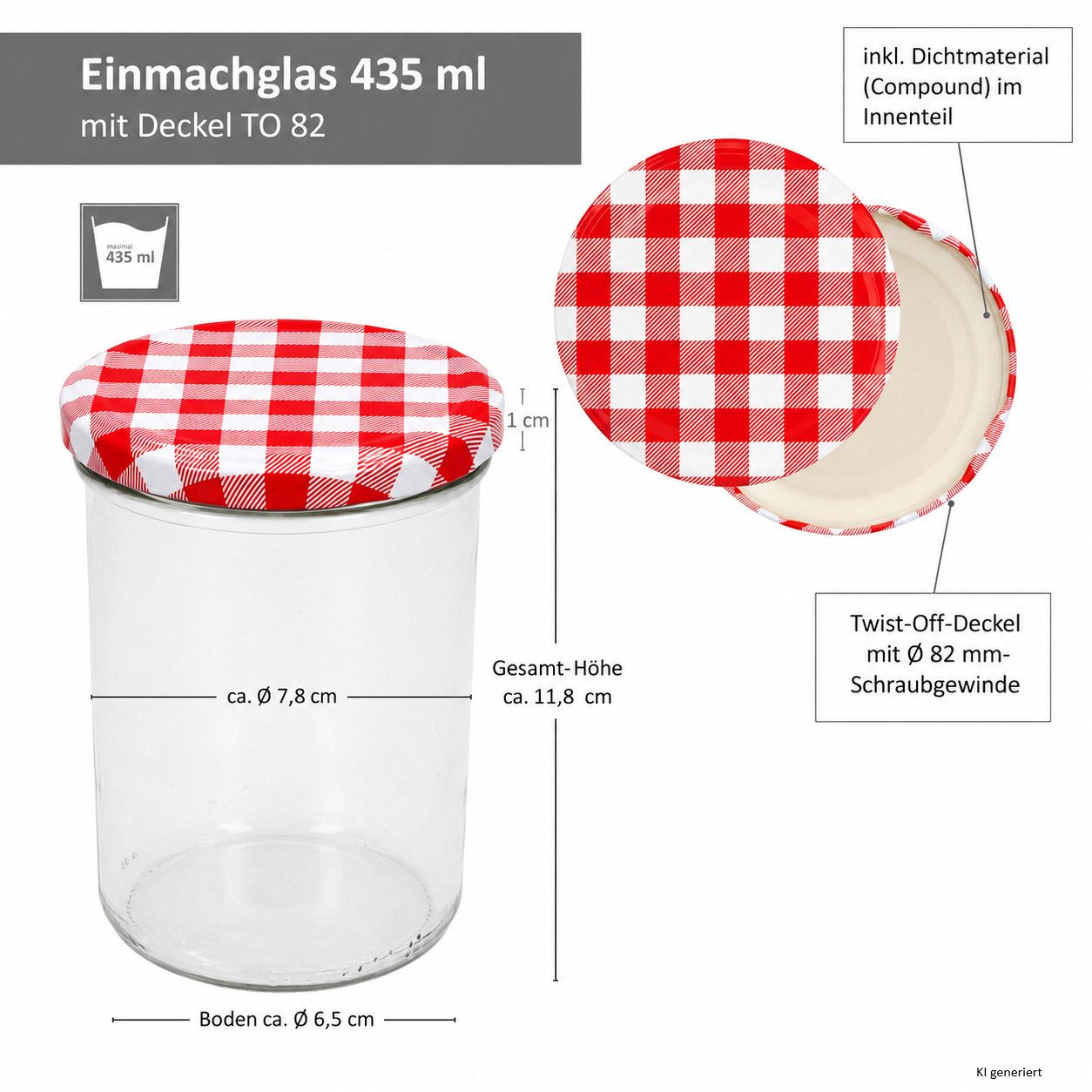 MamboCat Einmachglas 48er Set Marmeladenglas 435ml Einmachglas TO82 Deckel rot kariert Heft, Glas