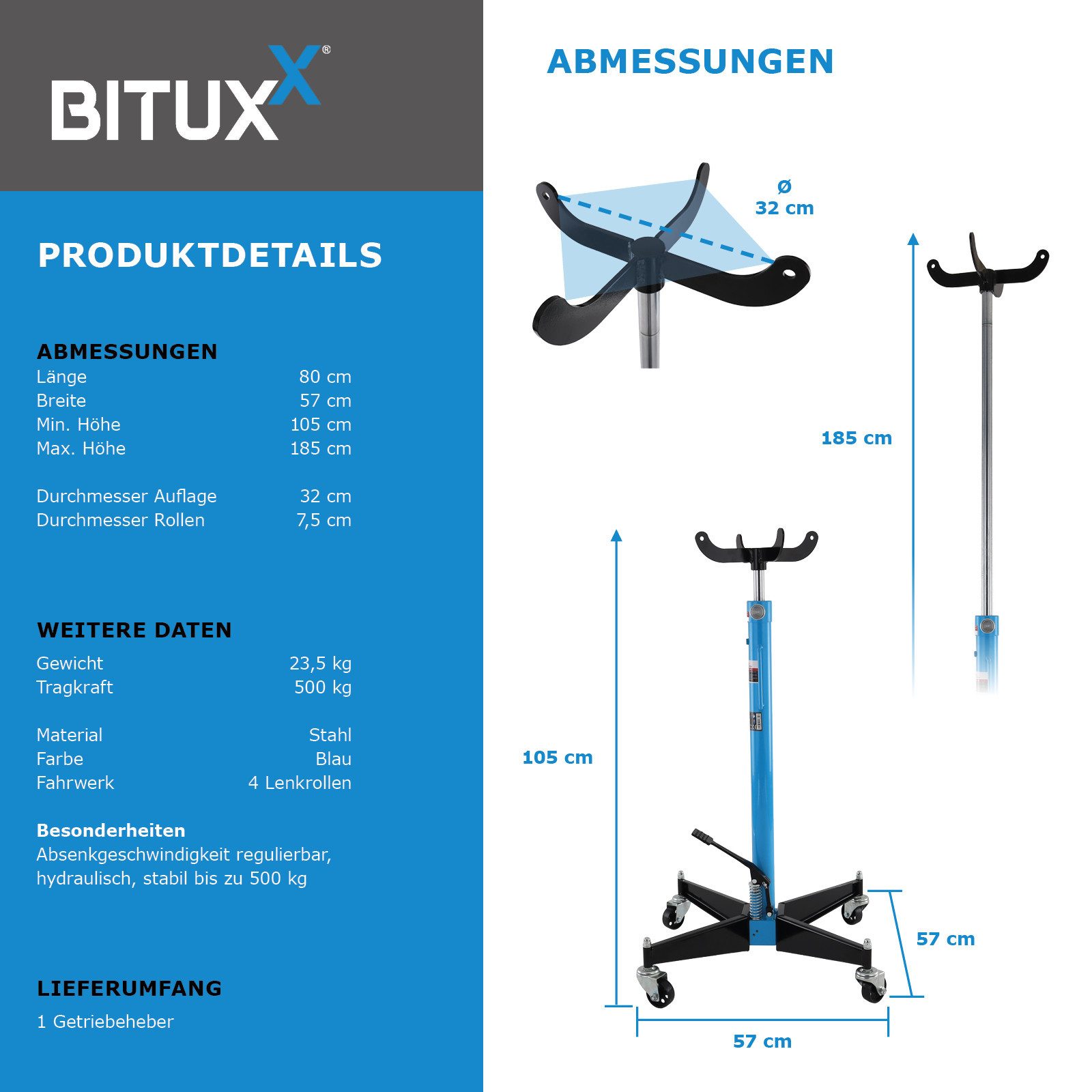 Bituxx Getriebeheber hydraulisch Blau + Schwarz, MS-19544, regulierbar in der Höhe, Tragkraft bis 500 kg
