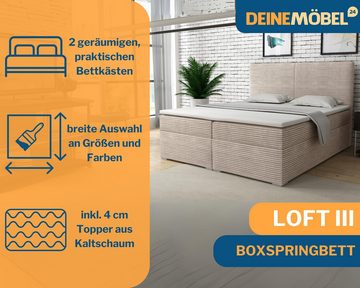 Deine Möbel 24 Boxspringbett LOFT III Boxspring Komplettbett Polsterbett Bonellfederkernmatratzen (ganz in Cord Cord-Samt, Boxbett Cord Cord-Samt 120x200 140x200 160x200 180x200 200x200), inkl. Bettkasten Topper Matratzen H3 H4 zur Ausawhl