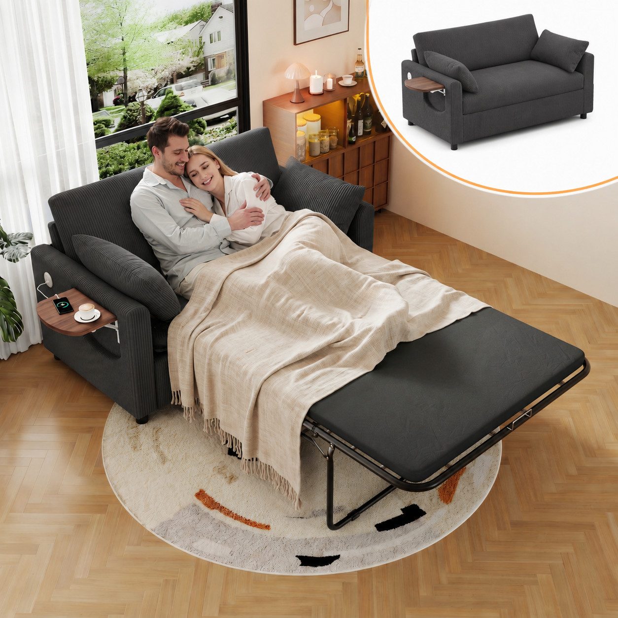 i@home Schlafsofa Ausziehbares 2‑Sitzer‑Sofa mit Schlaffunktion, mit USB‑Ladeanschluss, klappbarem Seitentisch, grau/beige