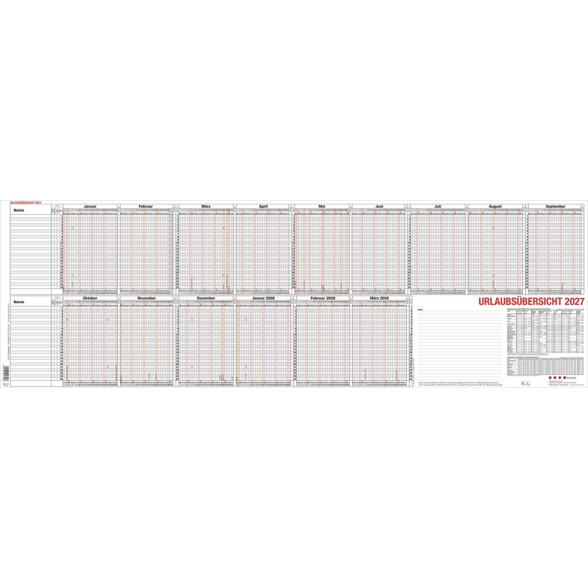 GÜSS Kalender Jahresplaner Urlaubsübersicht 100x35cm für 25 Mitarbeiter Kalendarium 2027