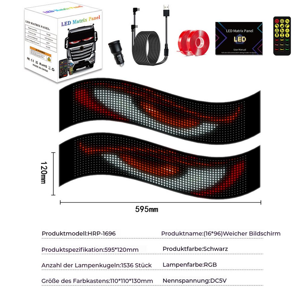 Thumbnail - JOYOLEDER Autosonnenschutz 2 Stück RGB LED Laufschrift USB Programmierbares Flexible LED Matrix, (Display Panel mit Blue...