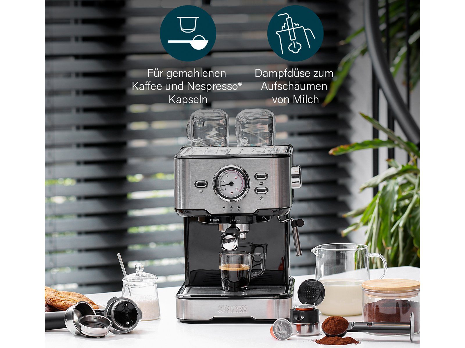 PRINCESS Milchaufschäumer Kaffee mit italienische Siebträgermaschine, & kleine Espresso-Maschine
