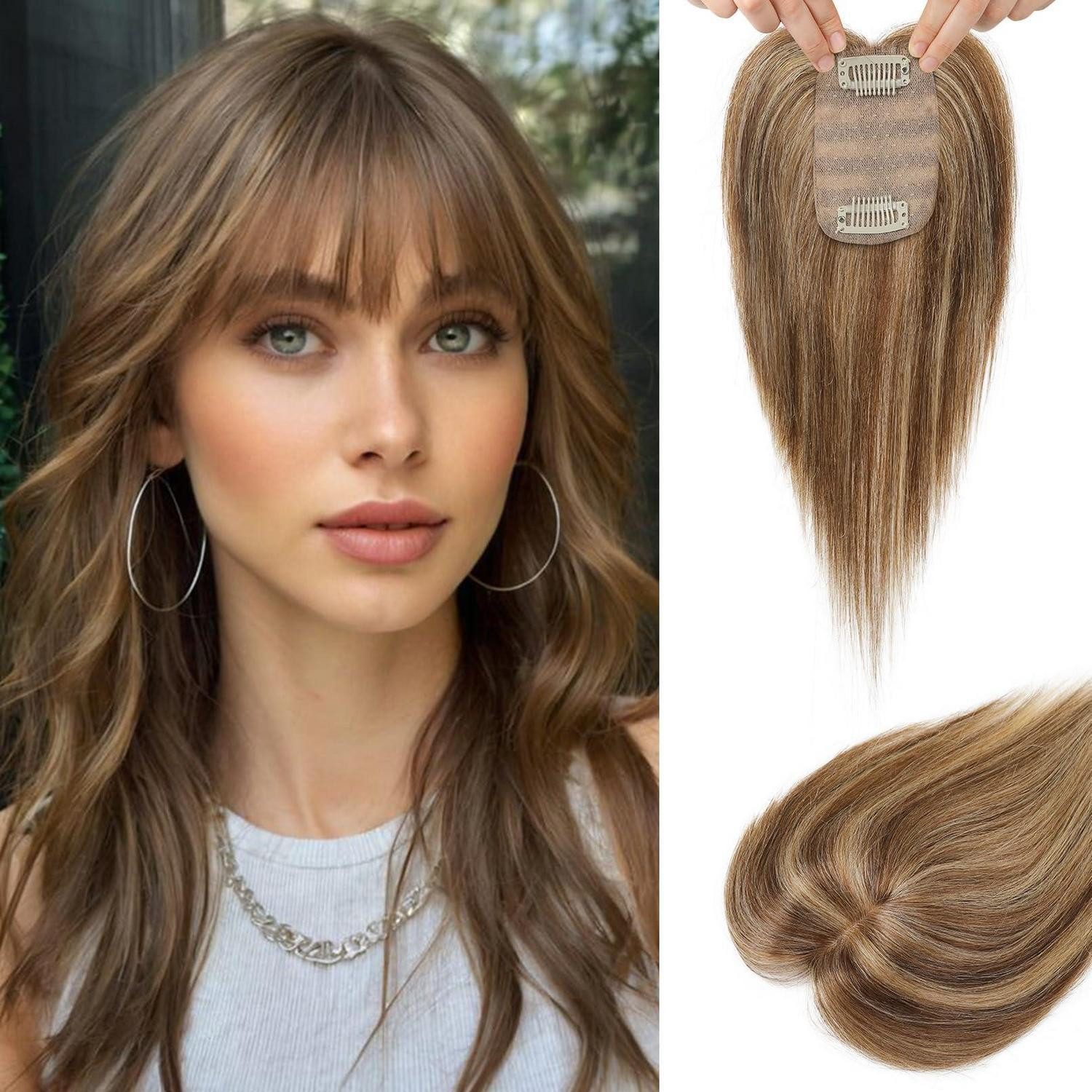 LuxusKollektion Echthaar-Extension Echthaar Topper Frauen Clipin Pony 26 CM Mittelbraun mit Blond