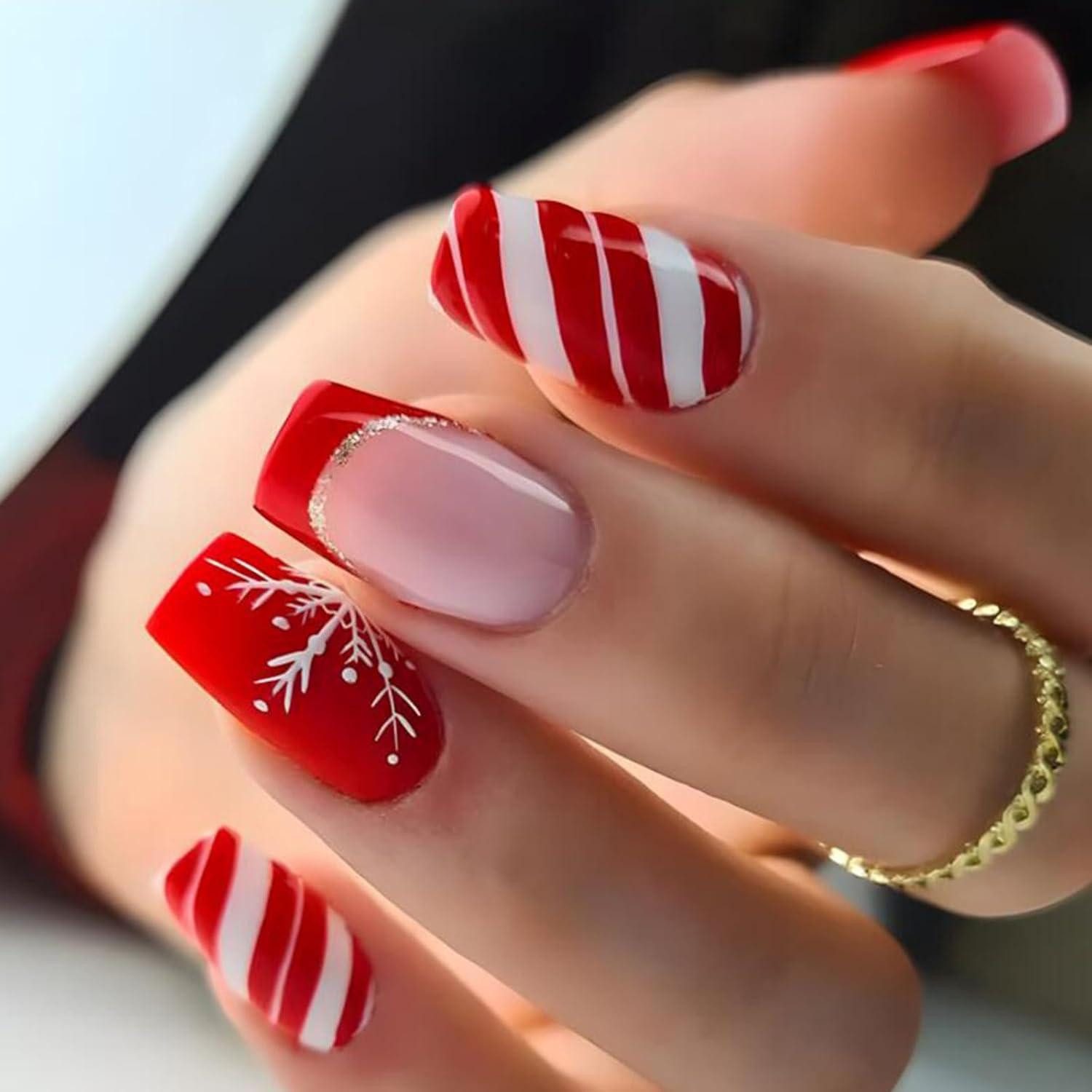 Kunstfingernägel 24 Weihnachten Press on Nails Rot Schneeflocke Künstliche Nägel