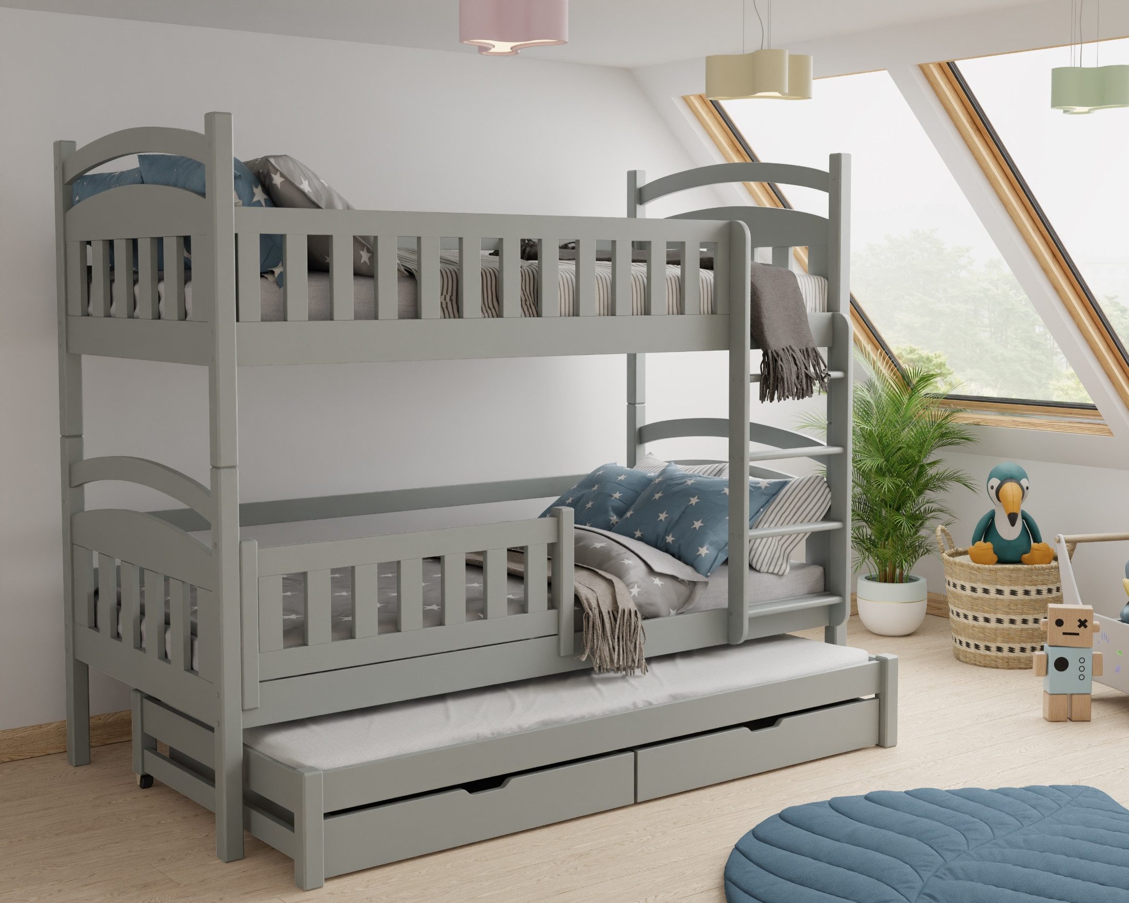 Deine Möbel 24 Etagenbett LILLY Kinder-Etagenbett 90x200 für 3 Kinder Personen Grau Massivholz (Hochbett Kinderbett Funktionsbett aus Massivholz Vollholz Hellgrau in 2 Kinderbetten umbaubar Matratzen optional, 3-St., aus Kiefernholz), aus Massivholz Hochbett inkl. Schubladen Lattenrost Rausfallschutz
