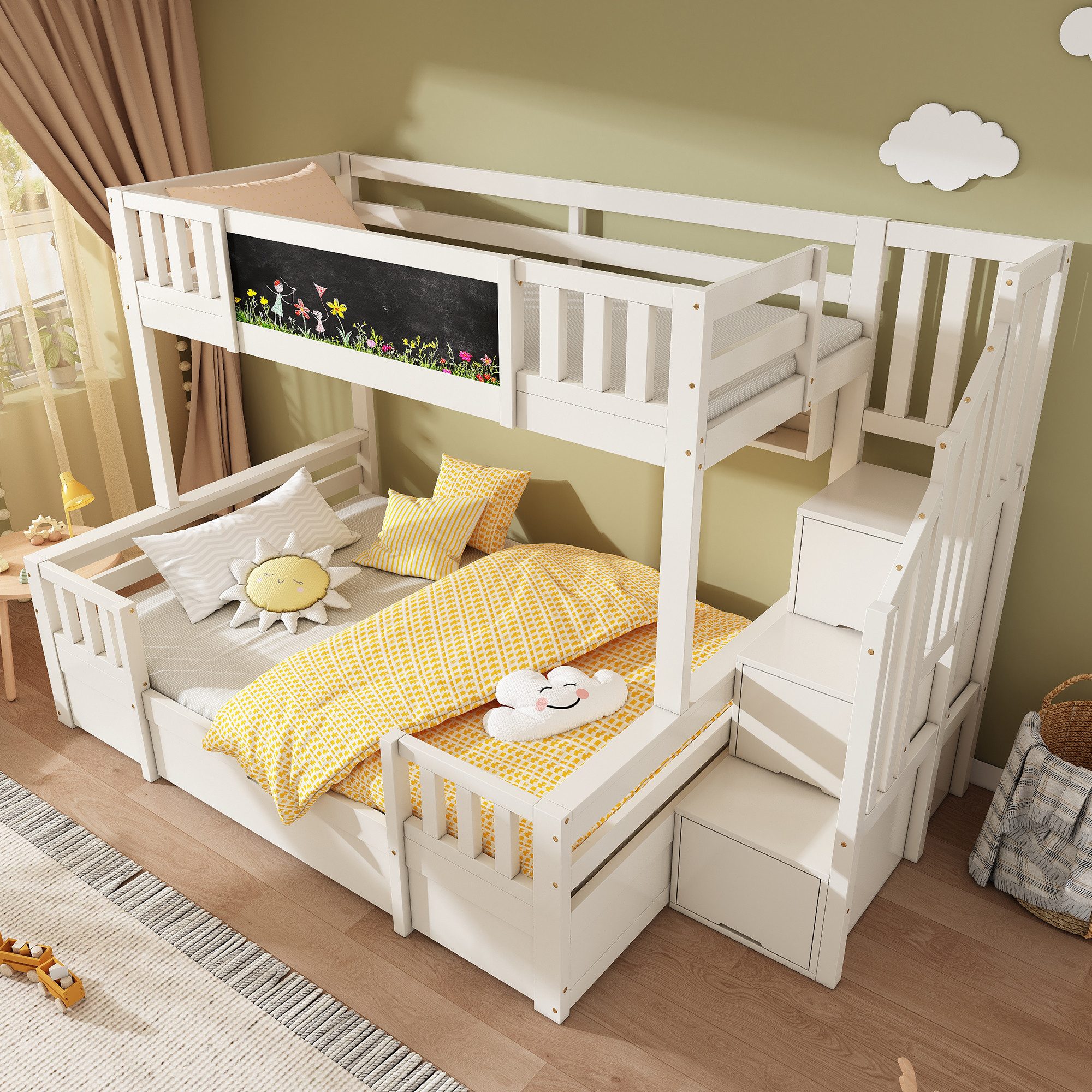 MODFU Hochbett Kinder-Etagenbett mit integriertem Stauraum-System (Etagenbett,Hochbett, Kinderbett, 1-St., Maße 90x200 & 140x200 cm, ohne Matratze – vielseitig) Mit Kreidetafel, Treppenschrank & Schubladen, in Weiß