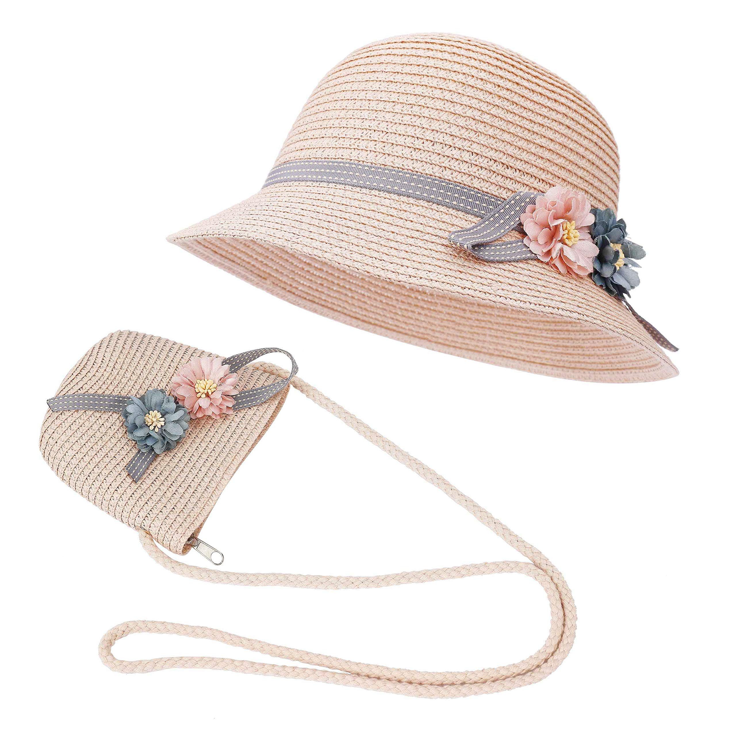 Coonoor Strohhut Mädchen Kinder Sommer Sonnenhut und Strandtasche Set für den Urlaub Reise Outdoor-Aktivitäten