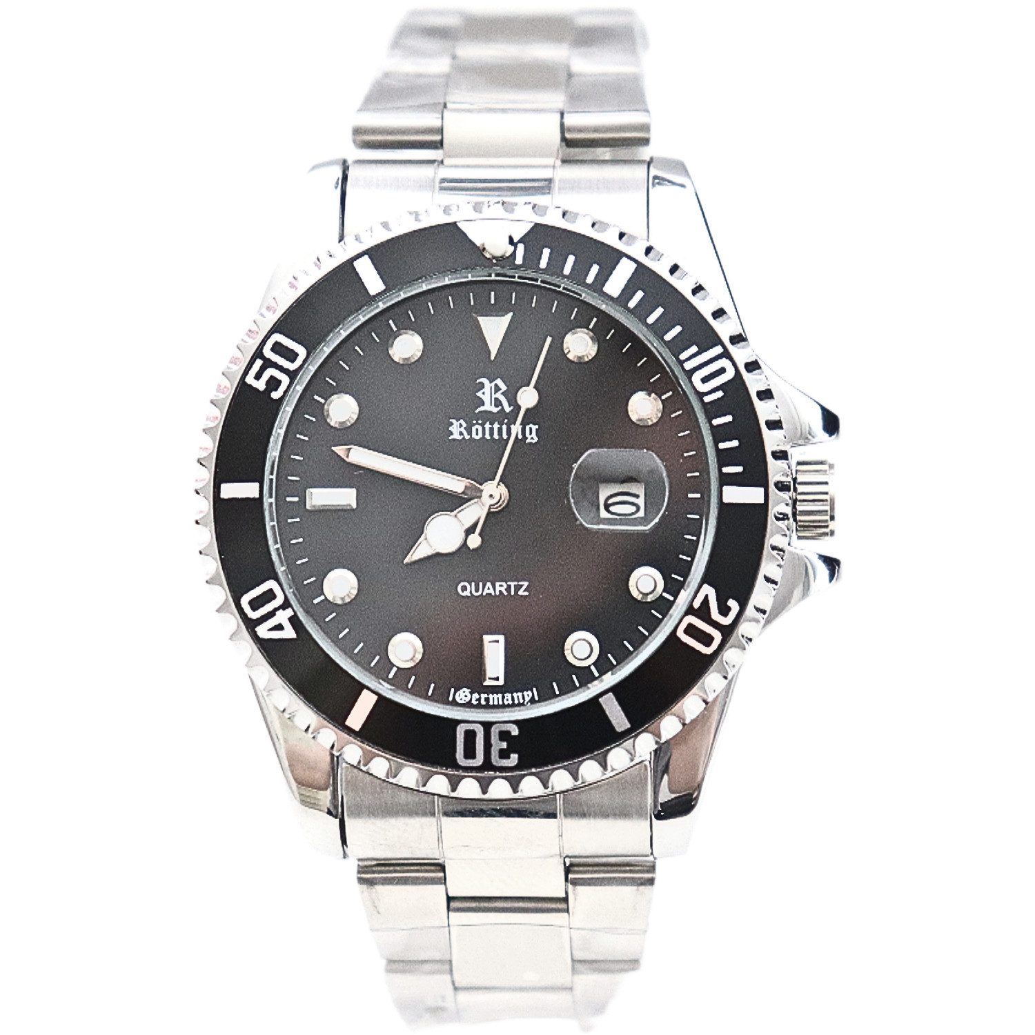 Rötting Design Quarzuhr Herrenuhr schwarze Lünette zum Drehen schwarzes Ziffernblatt, Datumsanzeige