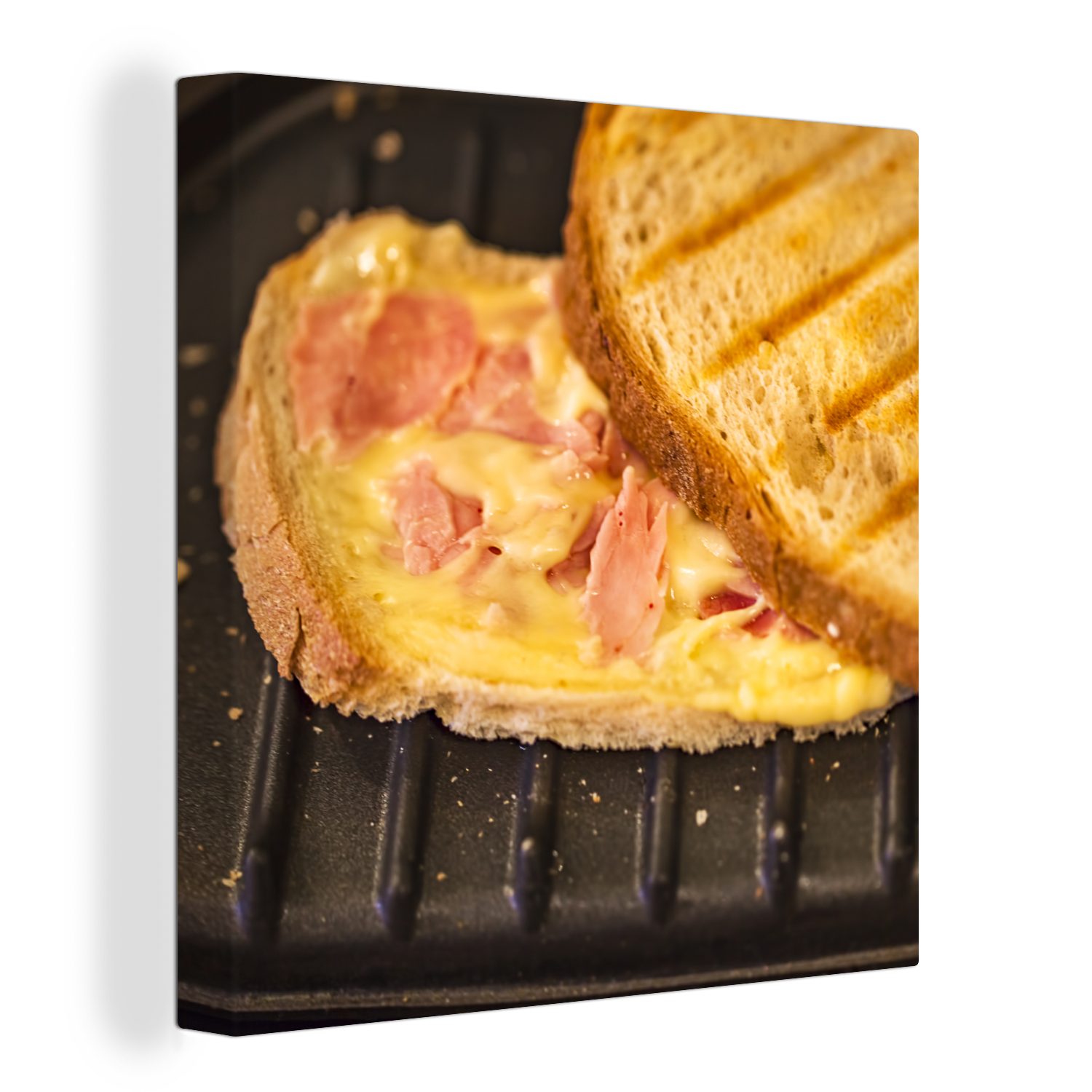 OneMillionCanvasses® Leinwandbild Schinken-Käse-Toast auf einem Toaster, (1 St), Leinwand Bilder für Wohnzimmer Schlafzimmer