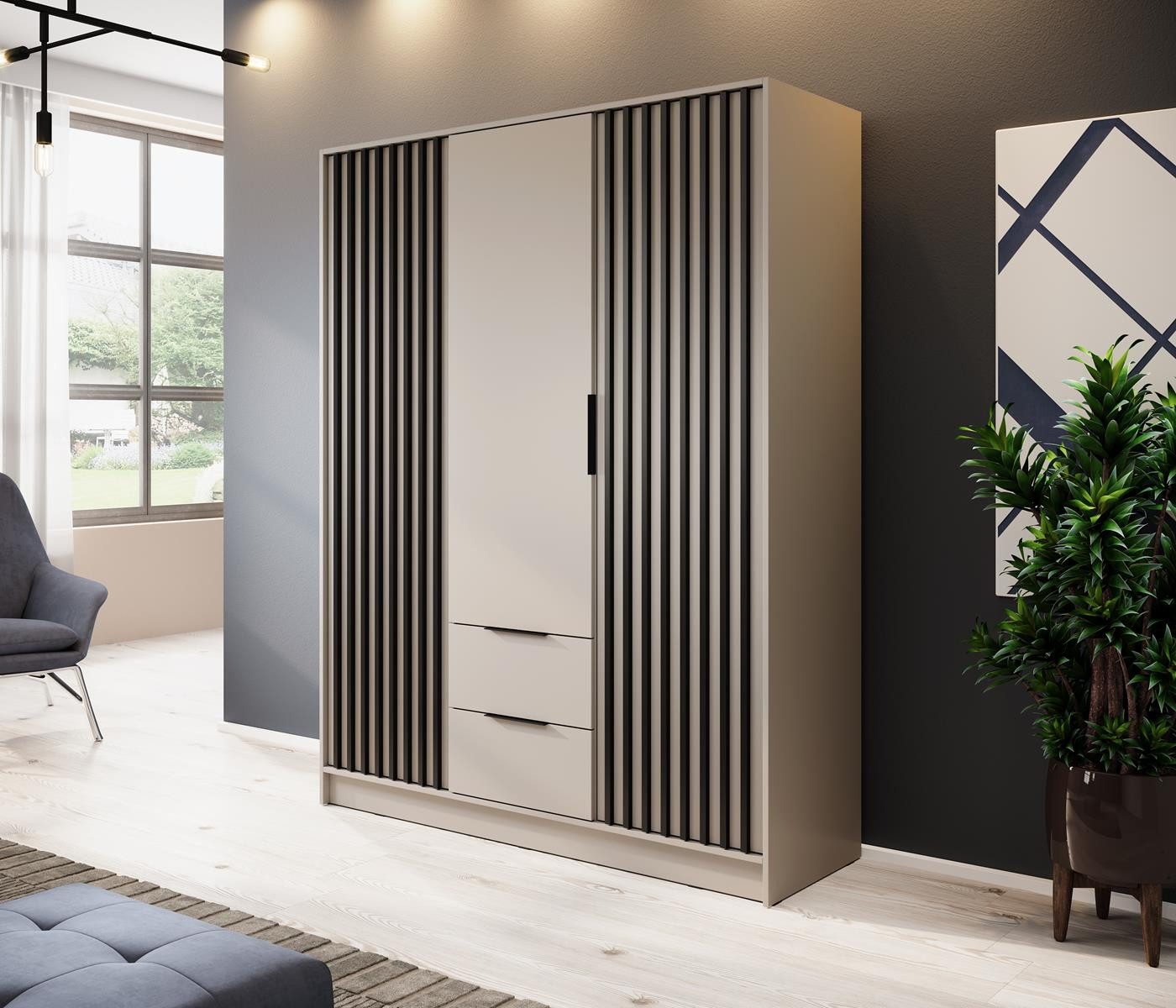 Kleiderschrank LISA Drehtürenschrank mit Lamellen, 3-türig Schrank, 150 cm