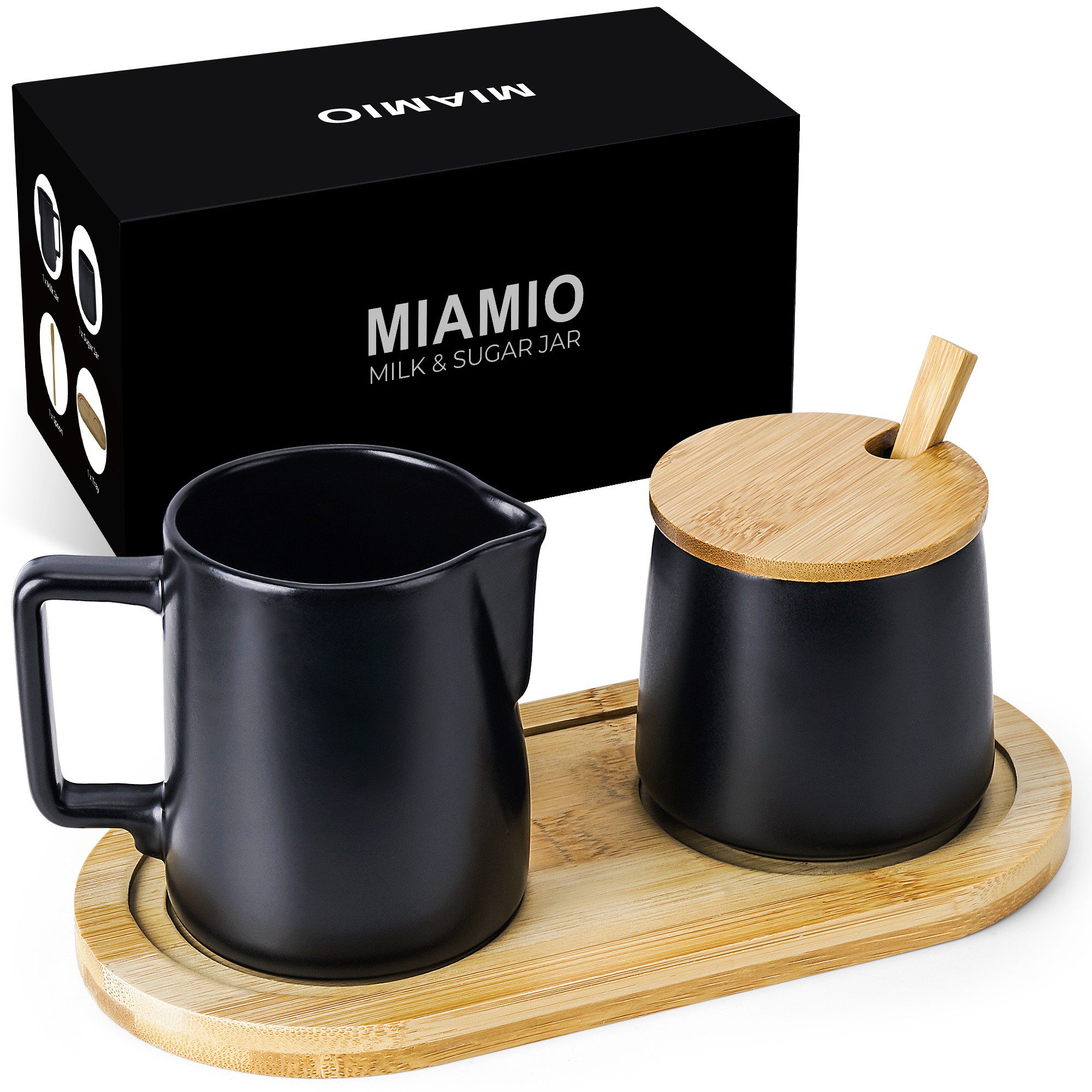 MiaMio Milch- und Zuckerset mit Bambustablett, Deckel und Löffel, Schwarz (5-tlg), Keramik, Zuckerdose 200 ml, Milchkännchen 240 ml, mit Bambustablett