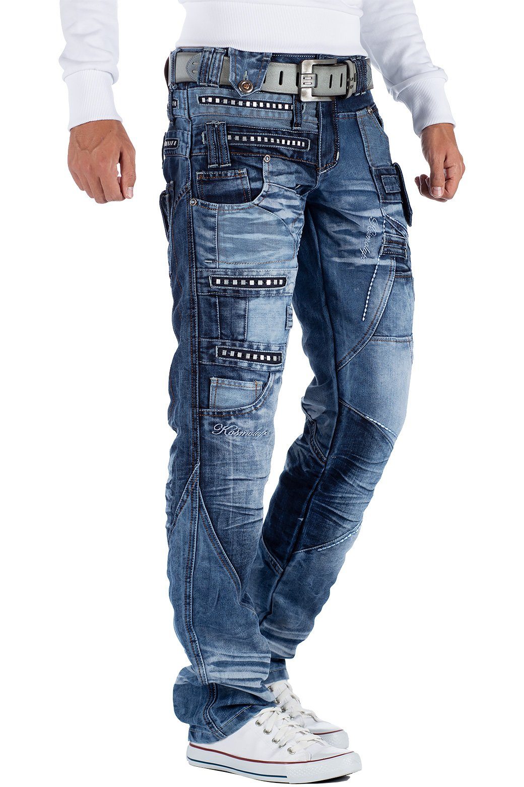 Hose Verzierungen Herren Auffällige mit und blau Kosmo 5-Pocket-Jeans Lupo BA-KM001 Nieten