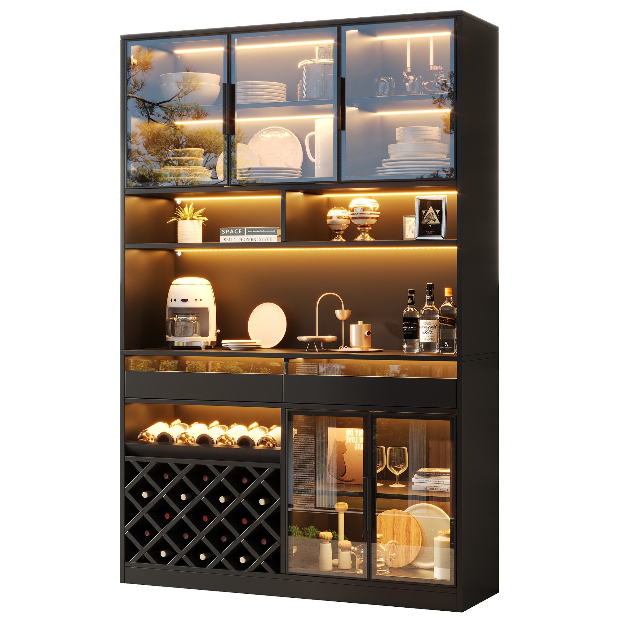 Flieks Küchenbuffet Hochschrank Glasvitrine mit LED-Beleuchtung, 5 Glastüren, Weinregal (B120×T38×H200 cm, 1-St) Multifunktionsschrank Küchenschrank Vitrine Wohnzimmer Schwarz