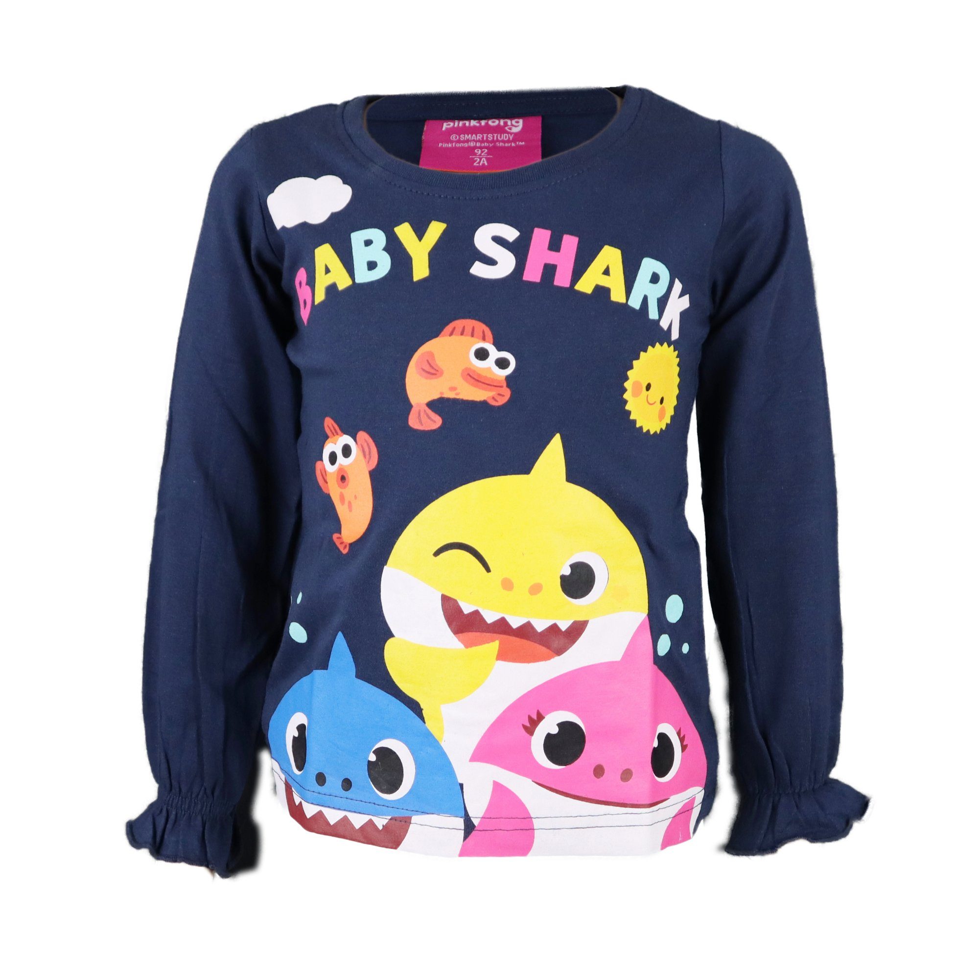 EplusM Langarmshirt Baby Shark Mädchen Kinder Blau Gr. oder Pink bis Shirt 116, 92 langarm Baumwolle