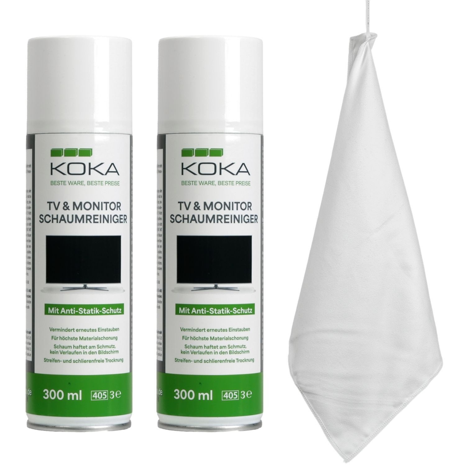 KOKA 2x TV Reinigungsschaum Spray + Mikrofasertuch Schaumreiniger (2x Schaumreiniger 300ml Dose + Mikrofasertuch Set Reinigung Schaum + Tuch TV OLED LCD LED TFT Fernseher PC Monitor)