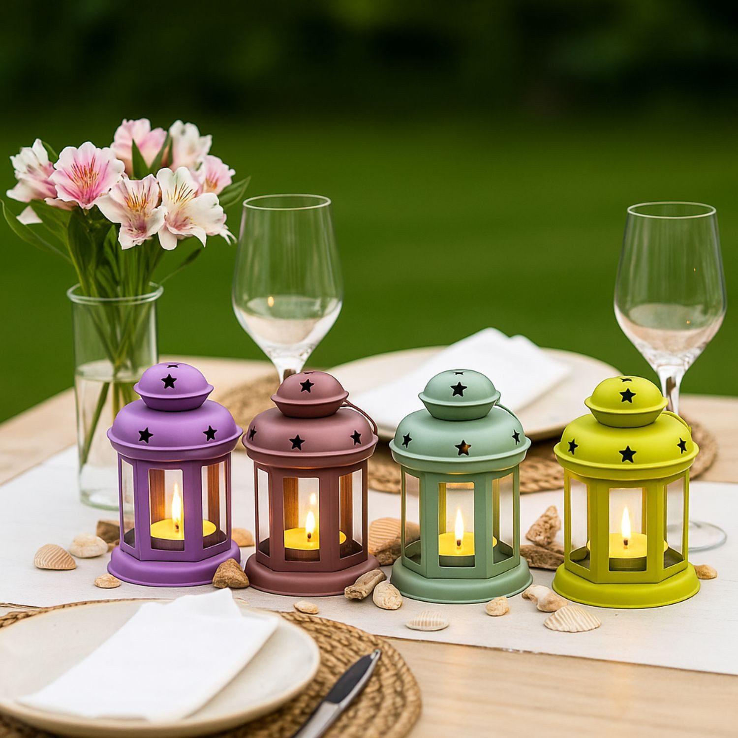 Marrakesch Orient & Mediterran Interior Teelichthalter 4er Set Boho Laterne Eolea modern aus Metall und Glas in Bunt 15 cm (4 St), Handarbeit