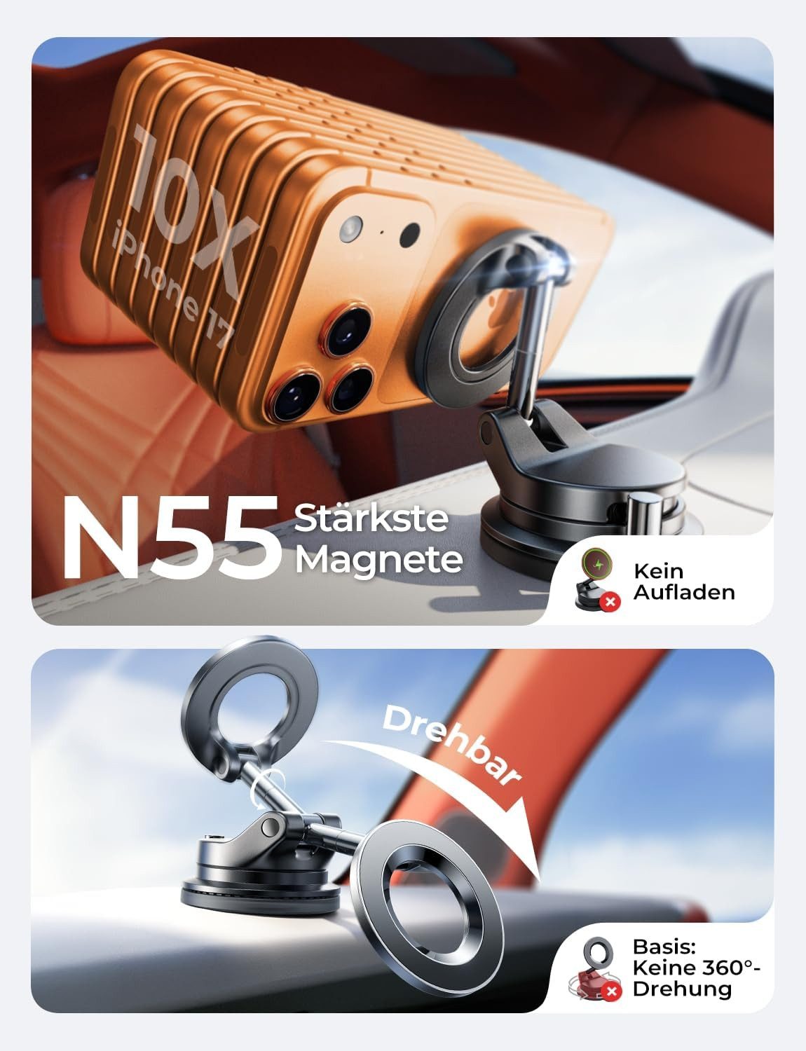 LISEN Smartphone-Halterung MagSafe Autohalterung Saugnapf Vakuum 30KG Handyhalterung Auto KFZ, (24 N52-Magnete, 360° drehbar, iPhone 12-17, MagSafe, Saugnapf) – Bild 4 von 5