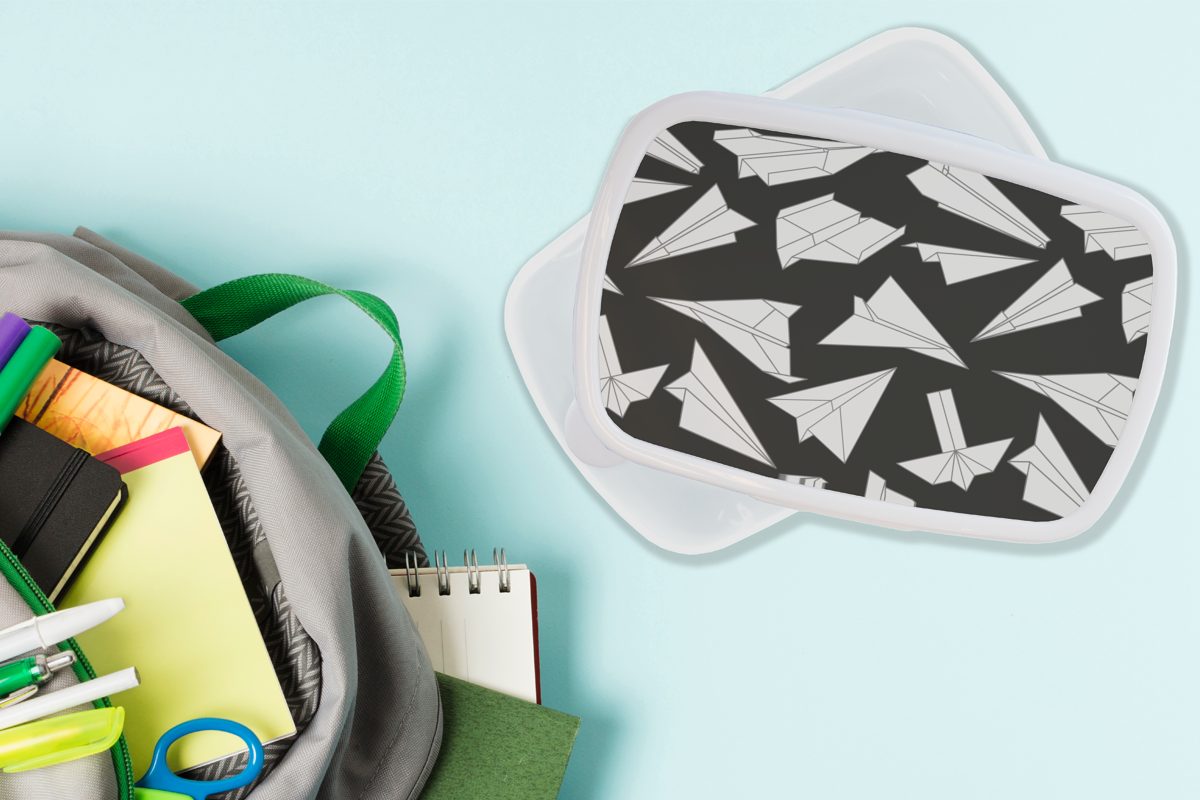 Brotbox Kunststoff, Design Papier - Flugzeuge, Kinder Lunchbox - weiß MuchoWow und (2-tlg), für Jungs Brotdose, Mädchen für und Erwachsene,