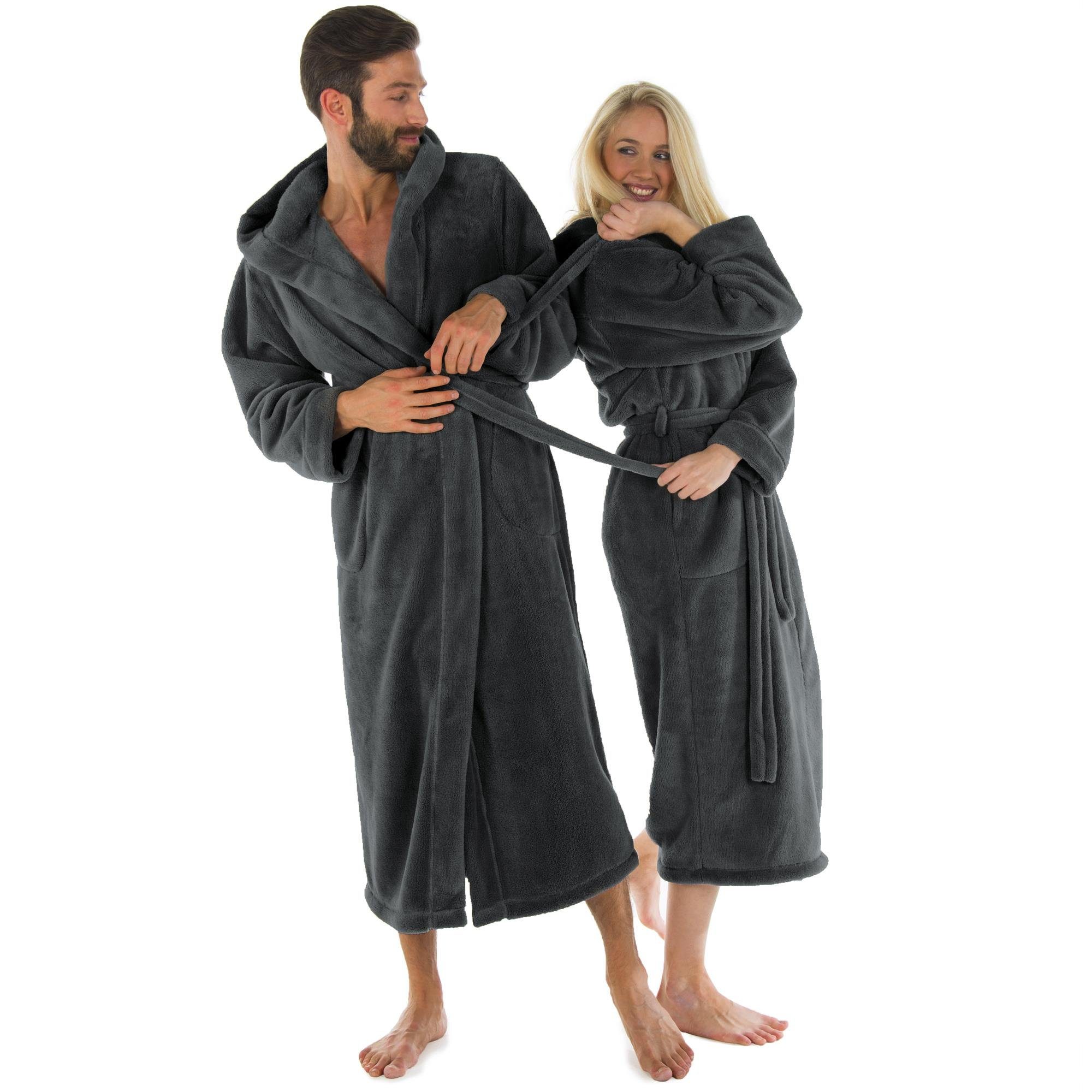 CelinaTex Bademantel Morgenmantel Kapuze Fleece wadenlang für Sie&Ihn Samos XS anthrazit, Polyester
