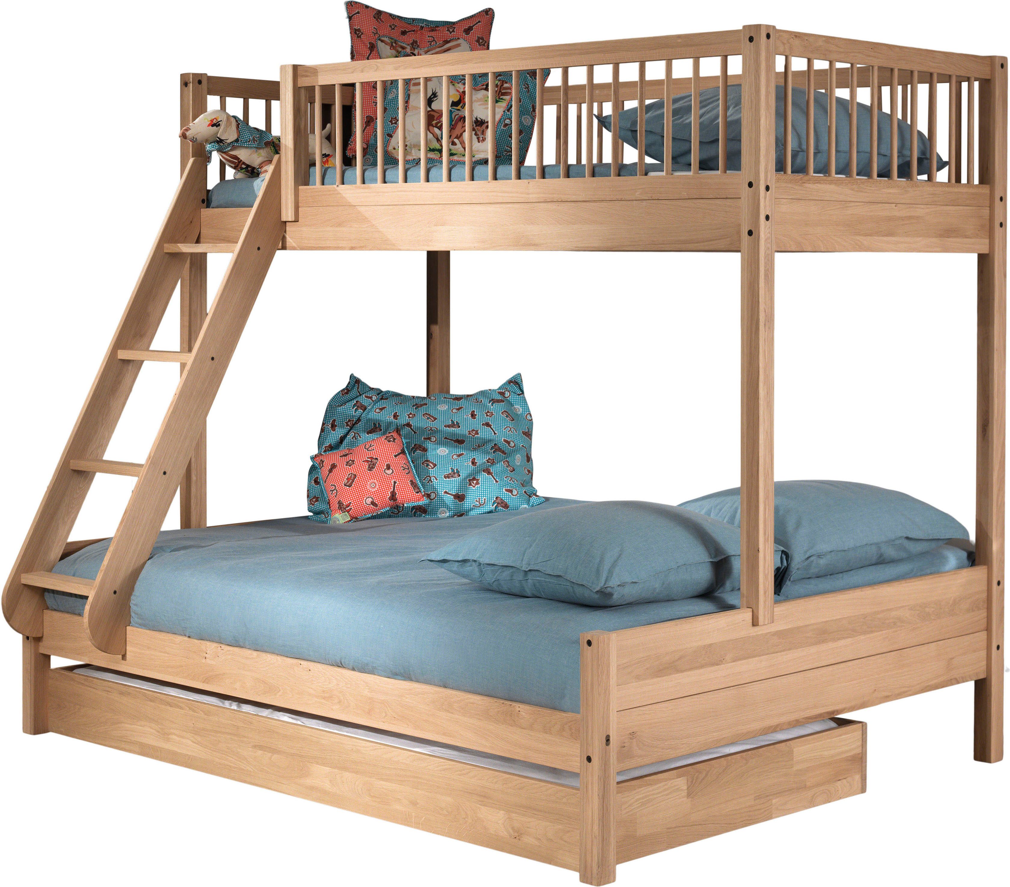 Vipack Etagenbett Forrest Massivholzbett Made in Europe, stabil und hochwertig gebaut (Liegefläche 90/140x200cm, mit Leiter, Rolllattenrost u. Bettschublade), mit Absturzschutz oben in Sprossenoptik, Eiche natur geölt
