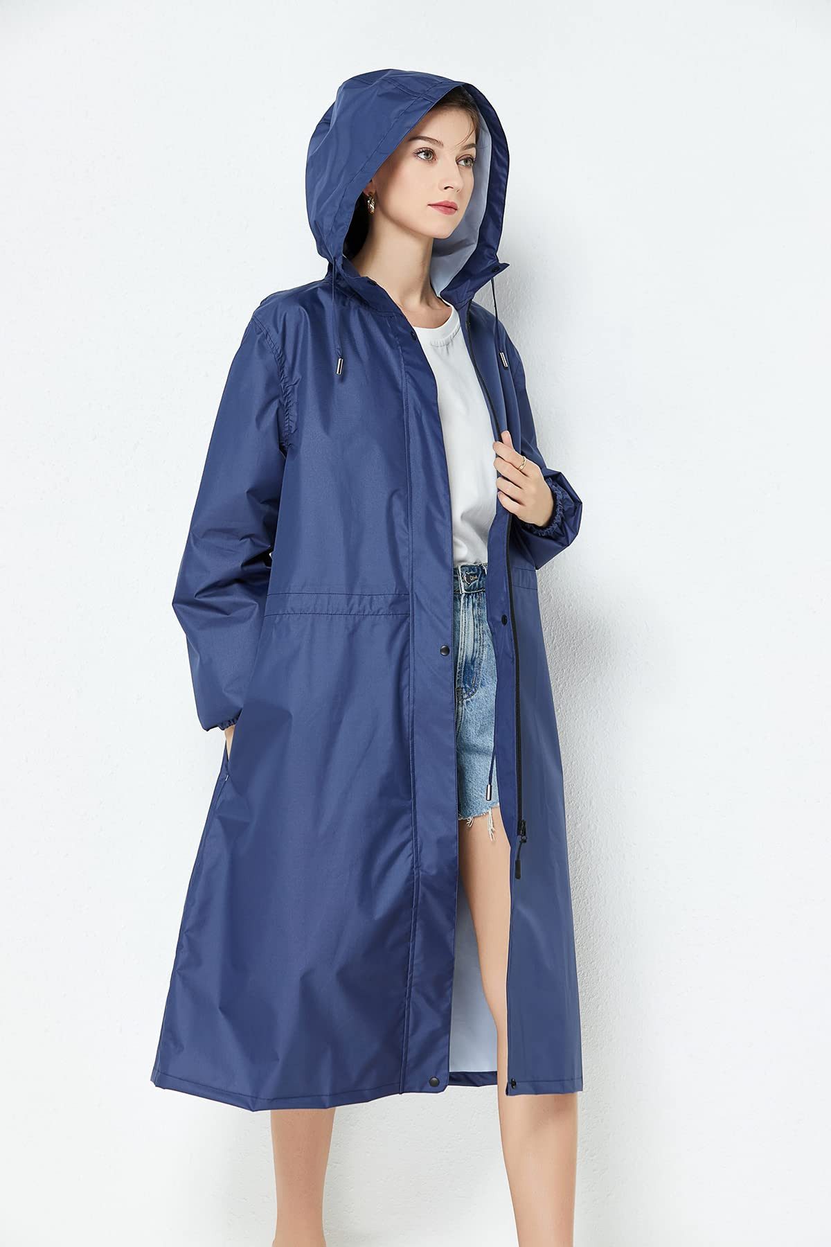 RWEUOQ Regenmantel Regenmantel Damen Wasserdicht Leicht Kapuze Faltbar Outdoor Jacke (Regenmantel mit faltbarer Aufbewahrungstasche im gleichen Design, Bestehend aus Regenmantel und passender Tasche zur Aufbewahrung) Wasserdicht, tragbar, winddicht, faltbar, mit verstellbarer Kapuze