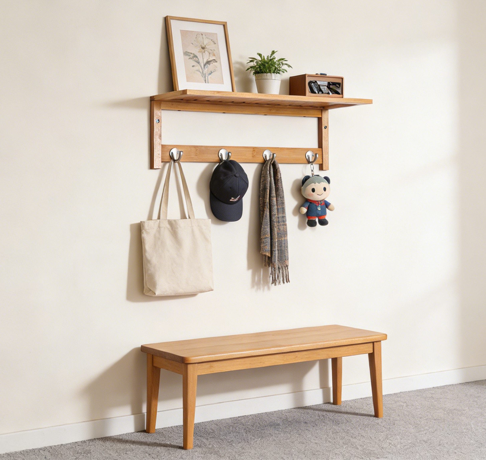 BlingBin Wandgarderobe Bambus Garderobenpaneel Garderobe Regal mit 4 Kleiderhaken (1er Set, 1 St., 50 x 16 x 17,5 cm), 5 kg belastbar, für die Wand Flur Schlafzimmer