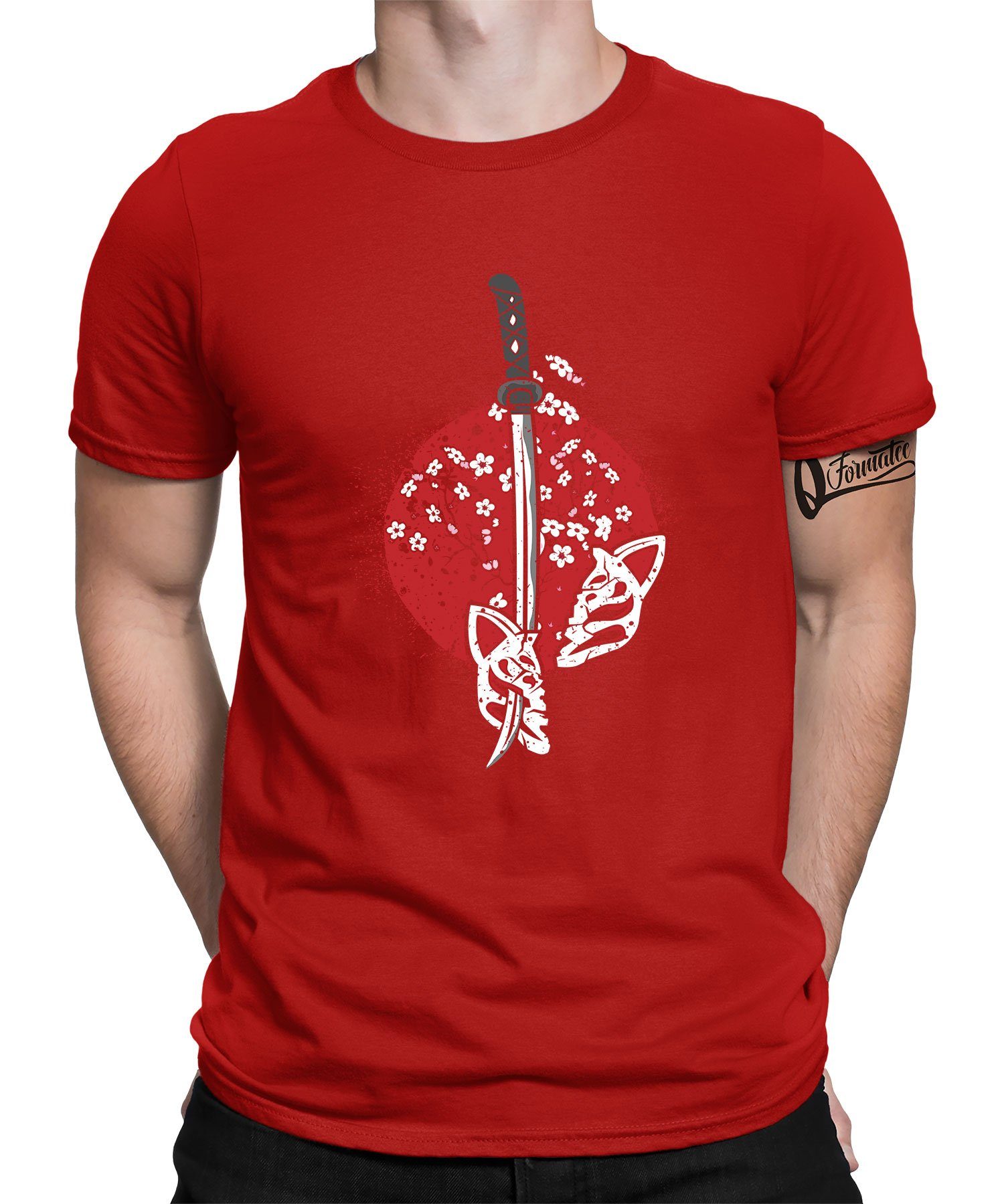 Herren Maske Rot Ästhetik Oni Kitsune (1-tlg) Kurzarmshirt Anime Japan Samurai - T-Shirt Formatee Quattro Style