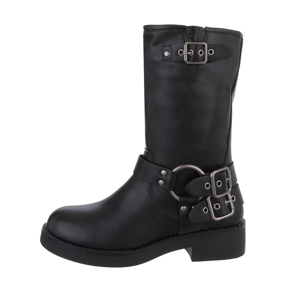 Ital-Design Damen Bikerschuhe Biker Westernstiefel Blockabsatz Flache Stiefel in Schwarz