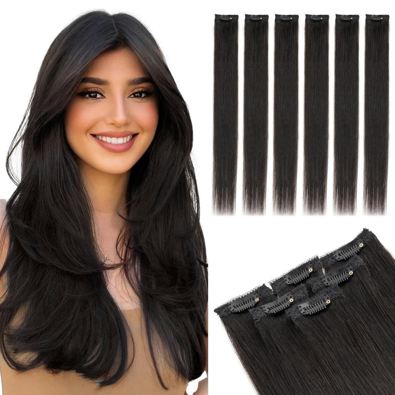 LuxusKollektion Echthaar-Extension Clip in Extensions Echthaar 6 Stück 1B Natürliches Schwarz 40cm-40g