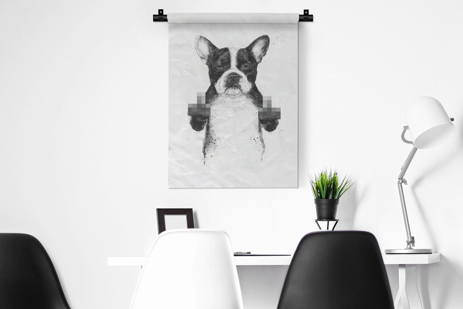 Tapisserie, an für - MuchoWow Deko Weiß, Hund Wand, Schlafzimmer Wanddekoobjekt Finger - Wohnzimmer, - der Tier