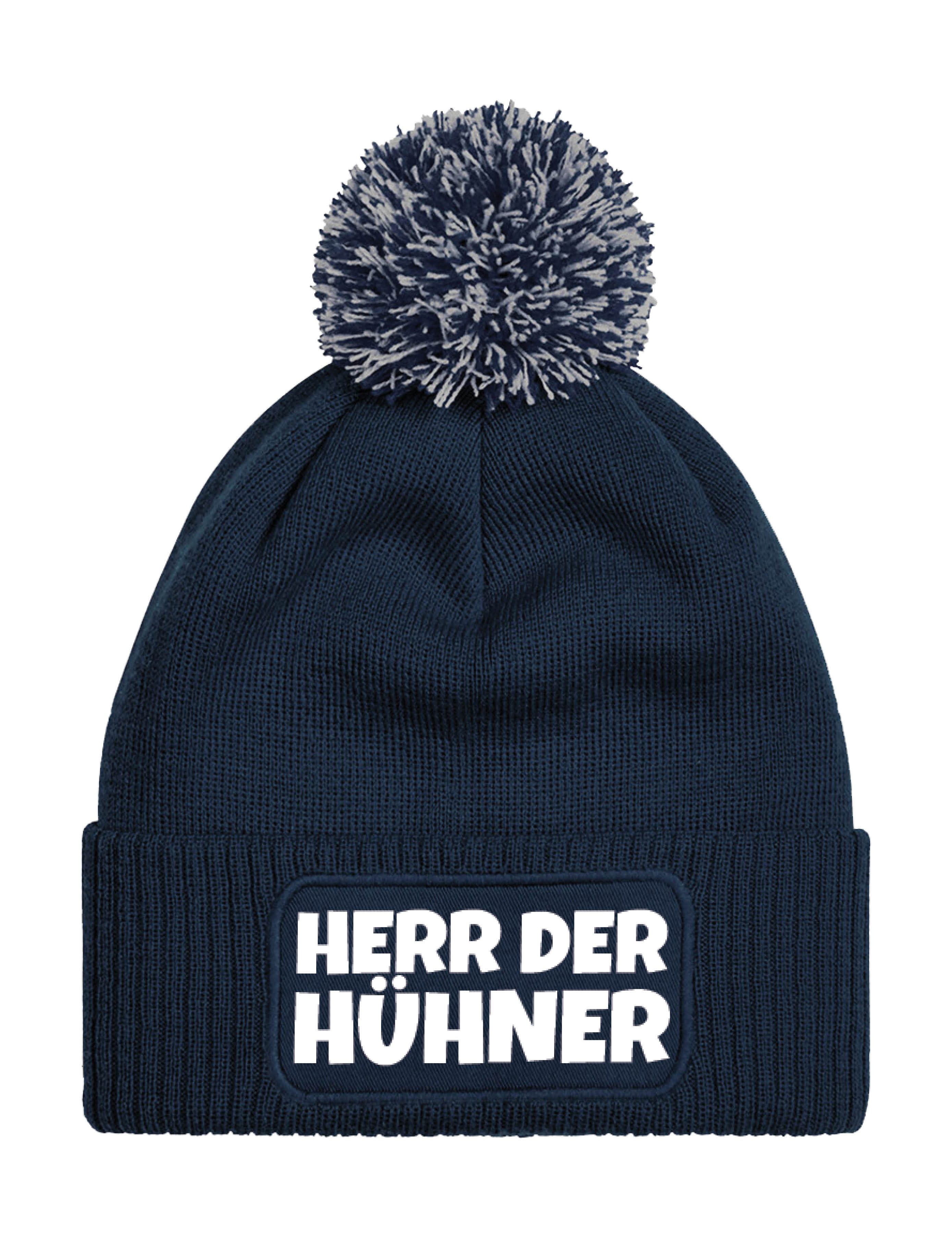 Beanie Unisex Strick Bommel Beanie Mütze mit Herr der Hühner Aufdruck