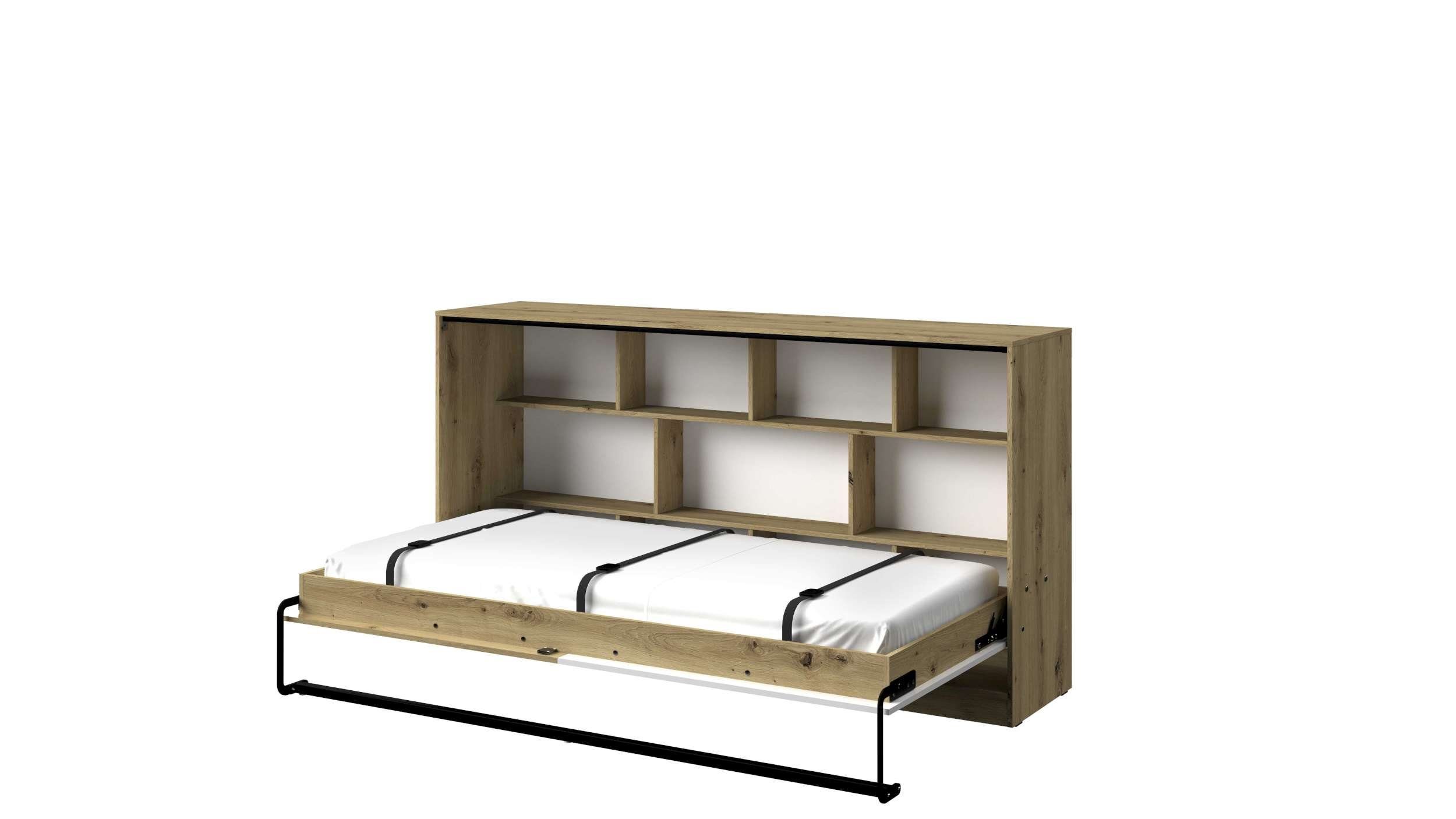 Stylefy Jugendbett Narin II (Schrankbett, Bett), 90x200 cm, klappbar, mit Regal und Matratze, für Jugend Eiche Artisan Hochglanz - Weiß Hochglanz - Grau Hochglanz