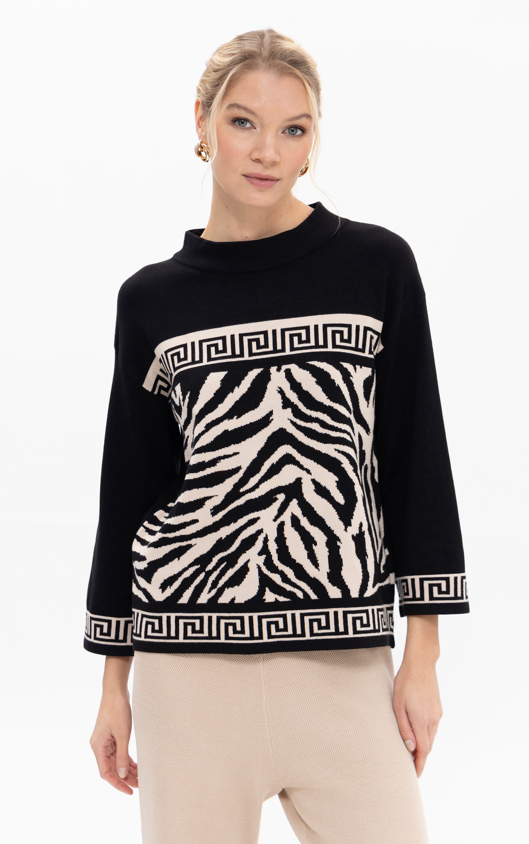 Passioni Strickpullover mit Zebraprint und Stehkragen günstig online kaufen