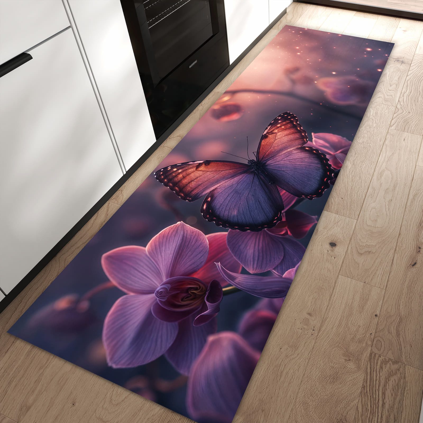 Primedeco Teppich Küchenteppich Schmetterling Blüte PVC rutschfest abwaschbar Läufer, Rechteckig, Höhe: 3 mm, Pflegeleicht & Wasserabweisend