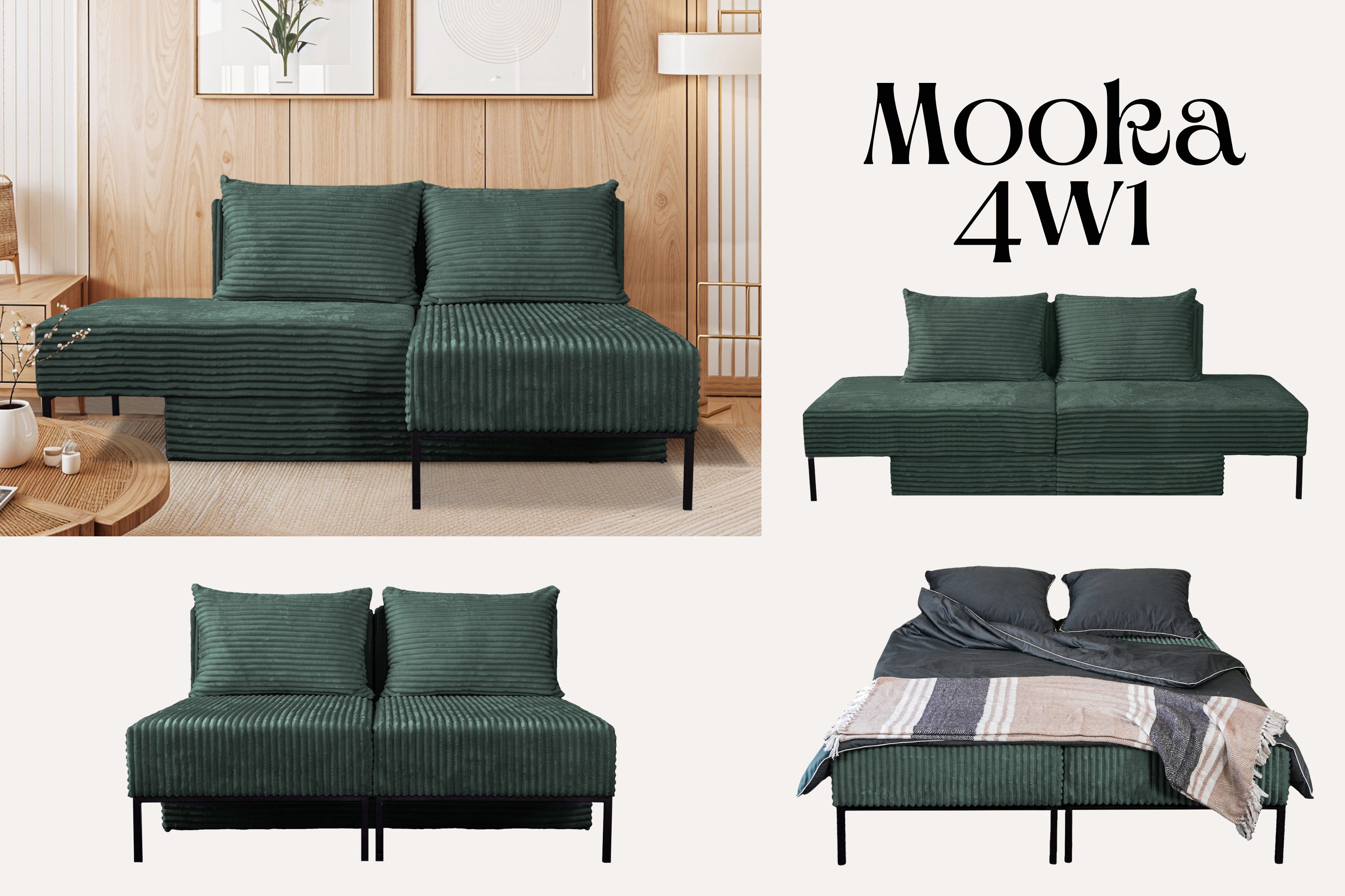 Kaiser Möbel Ecksofa Sofa, Betten, Liegestuhl, MOOKA 4in1-Multifunktions-System