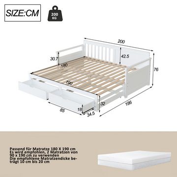 IDEASY Bettgestell Multifunktionales Zwei-in-Eins-Tagesbett mit Kiefernbett, Schubladen, weiß/grau, multifunktionales Schlafsofa, 90 x 190 und 90 x 190 cm