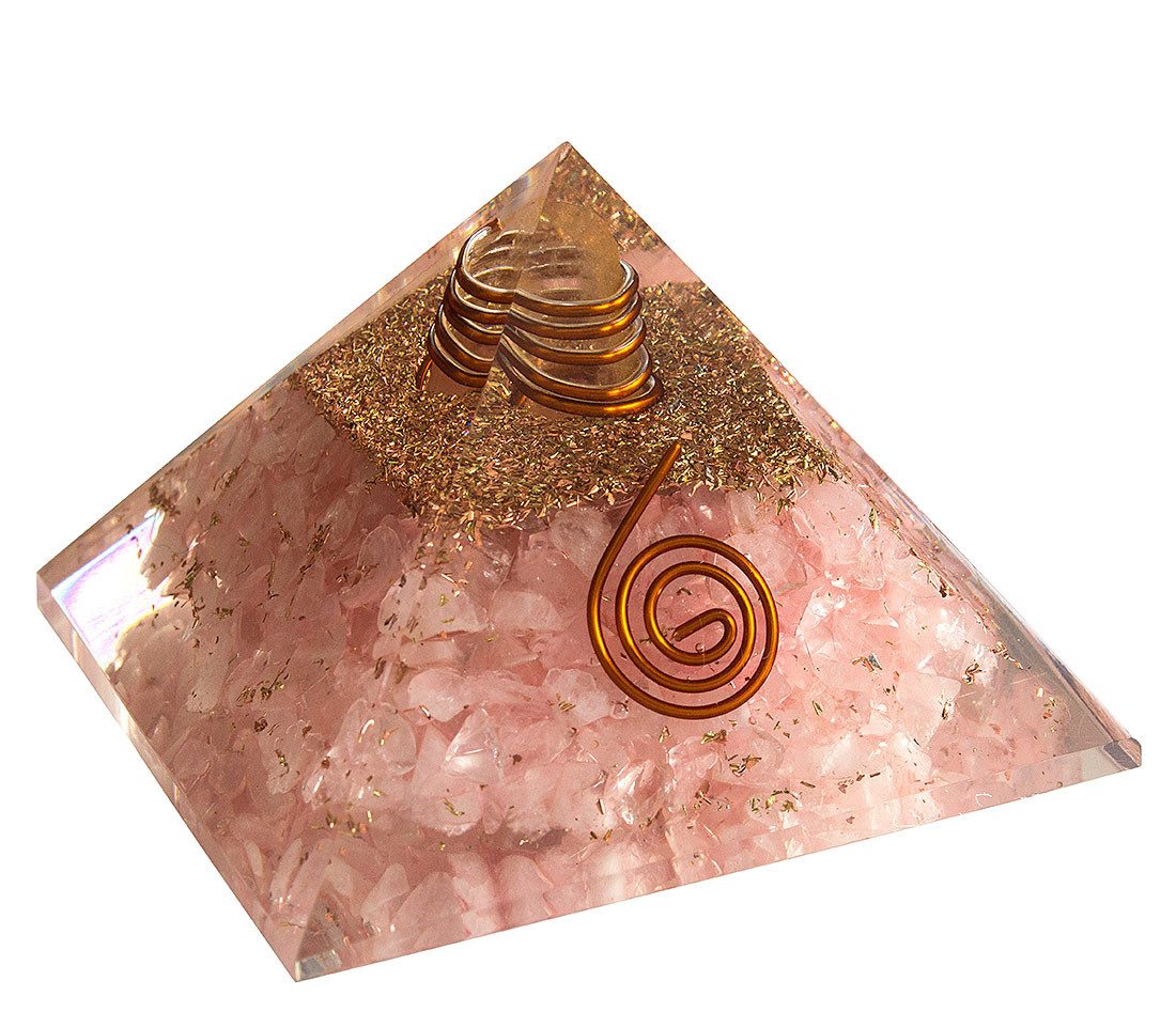 Saraswati Edelstein Pyramide Orgonsat Rosenquarz 7,5 x 7,5 x 5cm (Kunstharz, Kupfer)