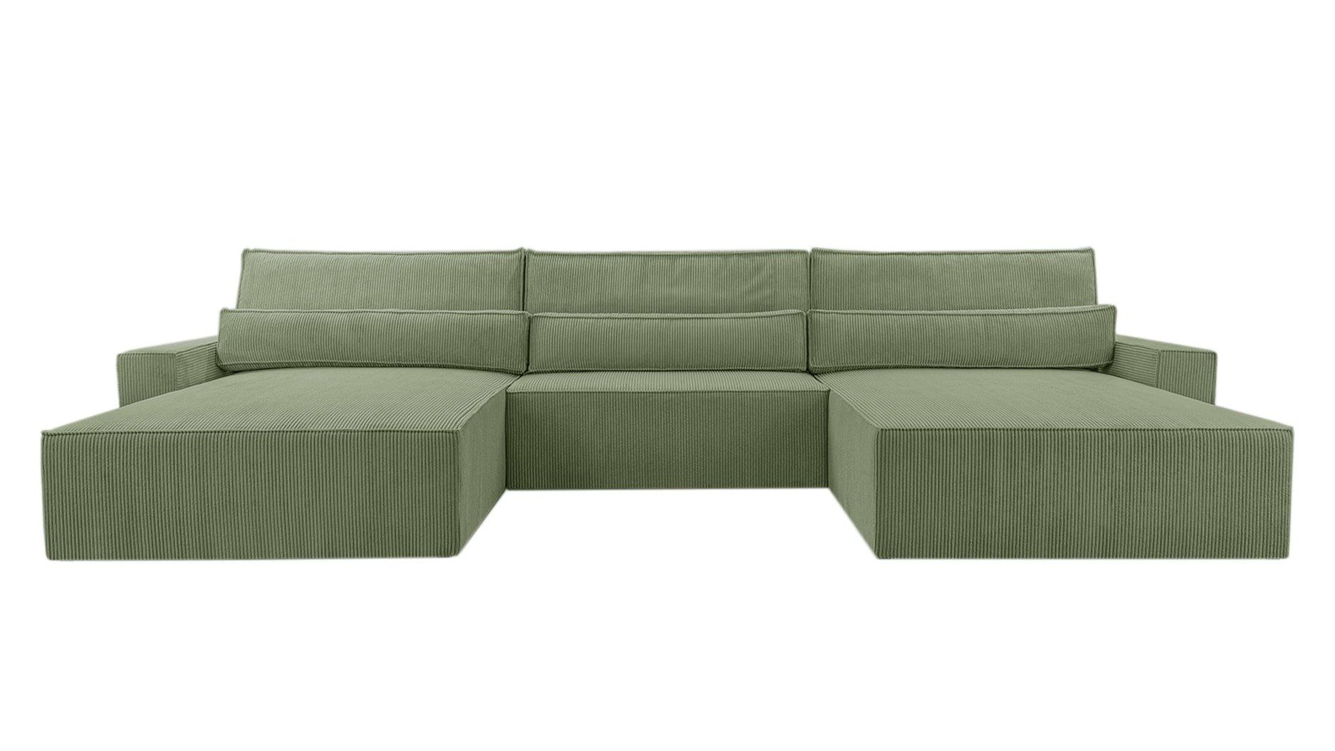 MOEBLO Wohnlandschaft DENVER U, Eckcouch aus Cordstoff Ecksofa U-Form Cord Sofa Couch Polsterecke U-Sofa - 420x85x185cm, mit Bettkasten und Schlaffunktion Mintgrün (Poso 47)