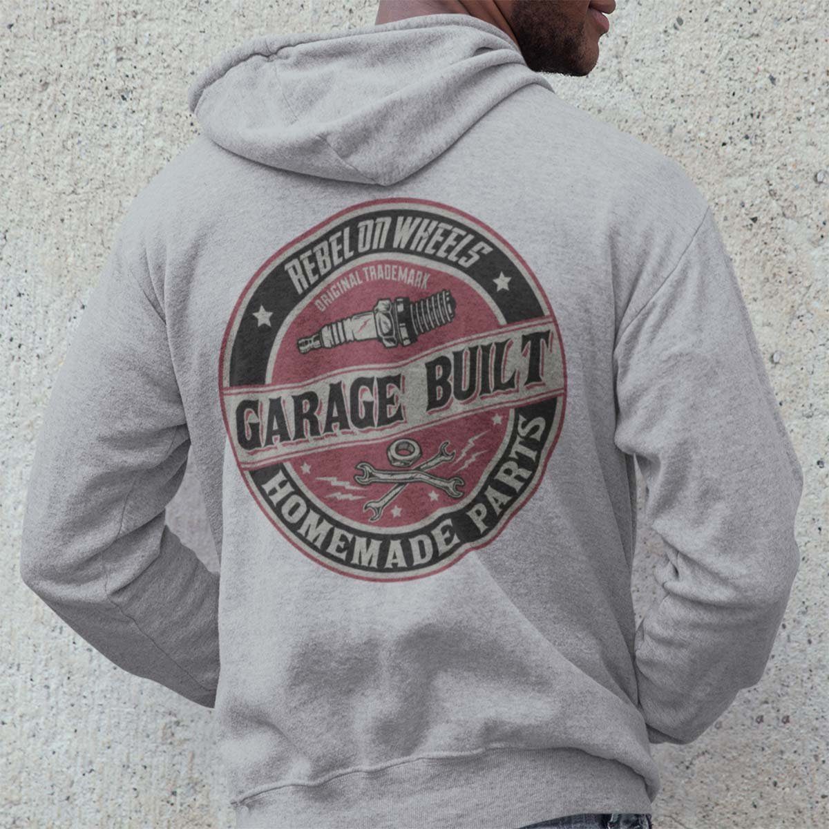 Rebel On Hoodie Grau Kapuzenjacke Garage Motiv mit Melange US-Car Zip Auto Kapuzensweatjacke Wheels Built 