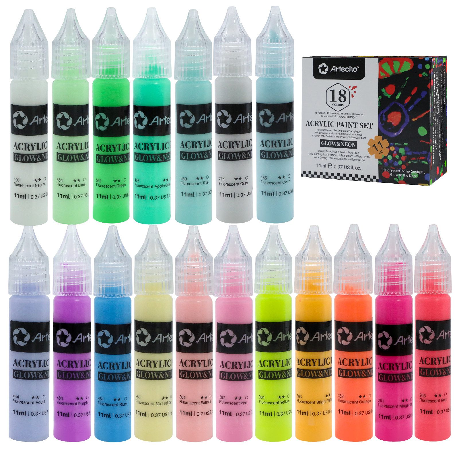 Artecho Acrylfarbe Set - Glow & Neon Farben 18 x 11 ml mit feiner Dosierspitze, fluoreszierende UV-Farbe für Leinwand, Stein, Holz & kreative Deko