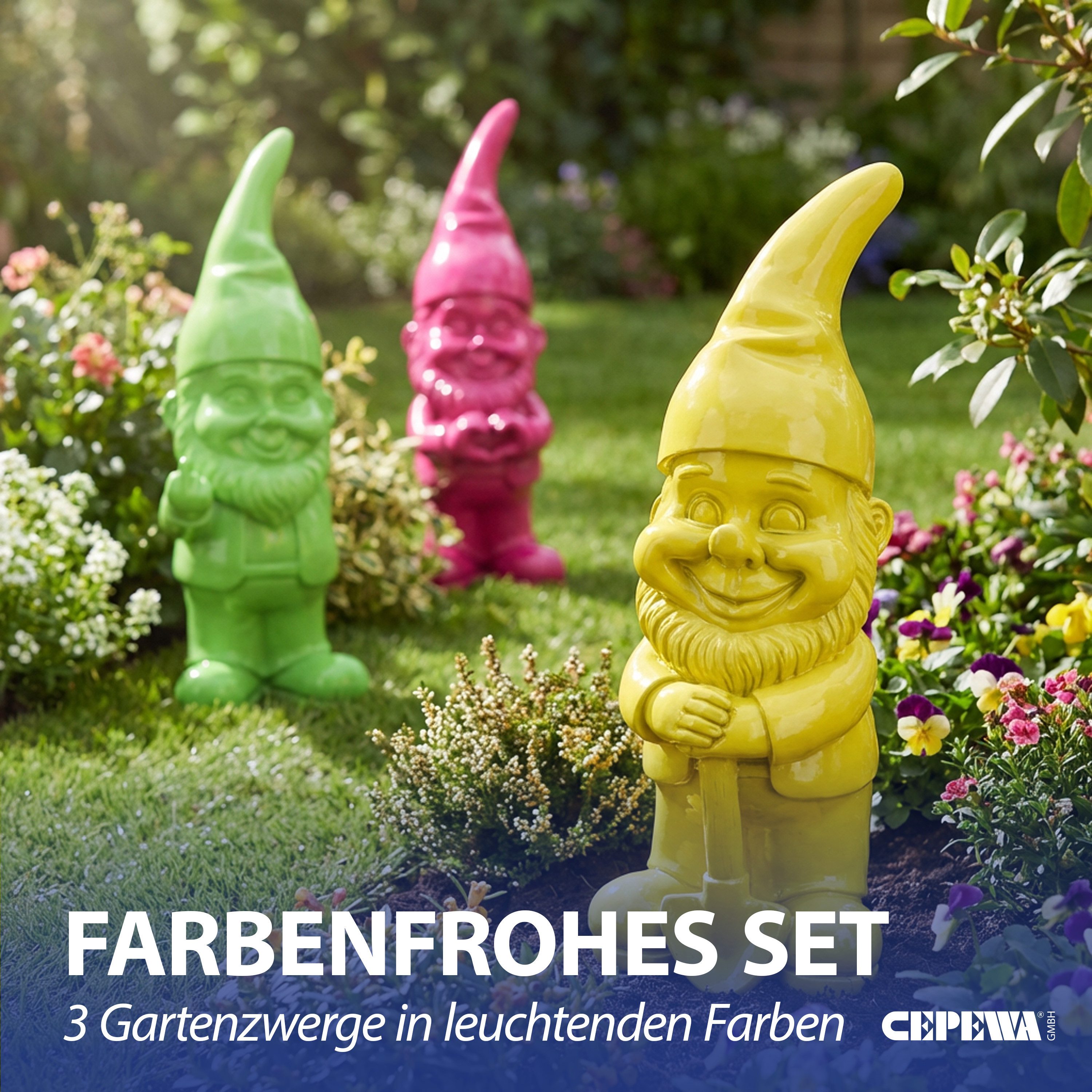 CEPEWA Gartenzwerg XL Gartenzwerg 3er Set Polyresin pink gelb grün 13x40x12cm Figur – Bild 3 von 5
