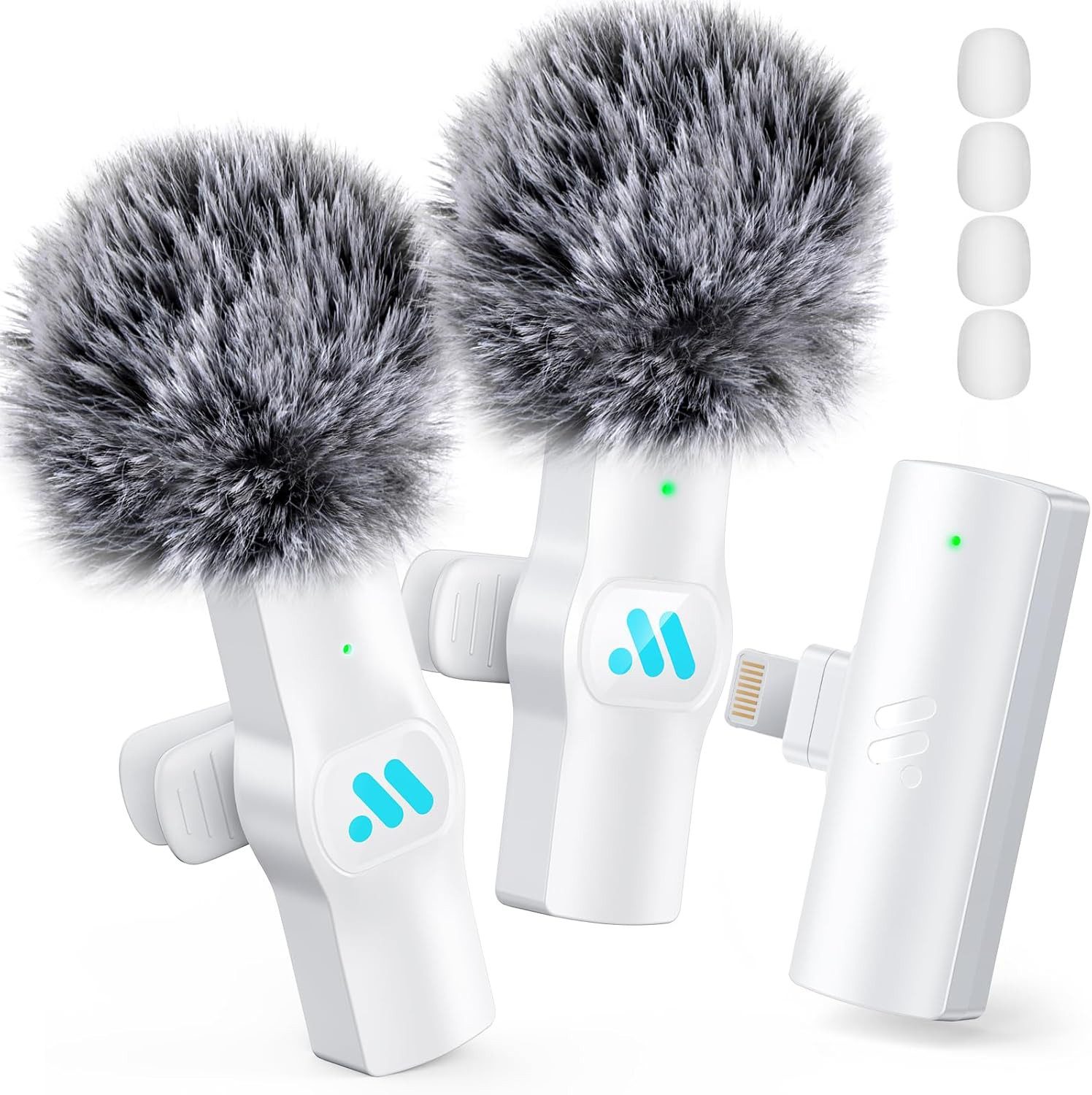 LaCute Mikrofon Wireless Lavalier Mikrofon iPhone iPad, Mini Mikrofon Set kabellos (Kabelloses Lavalier Mikrofon Set mit 2 Mini-Mics, Empfänger & Zubehör iOS), Geräuschunterdrückung Reichweite 20 m 7h Akkulaufzeit inkl. Windschutz