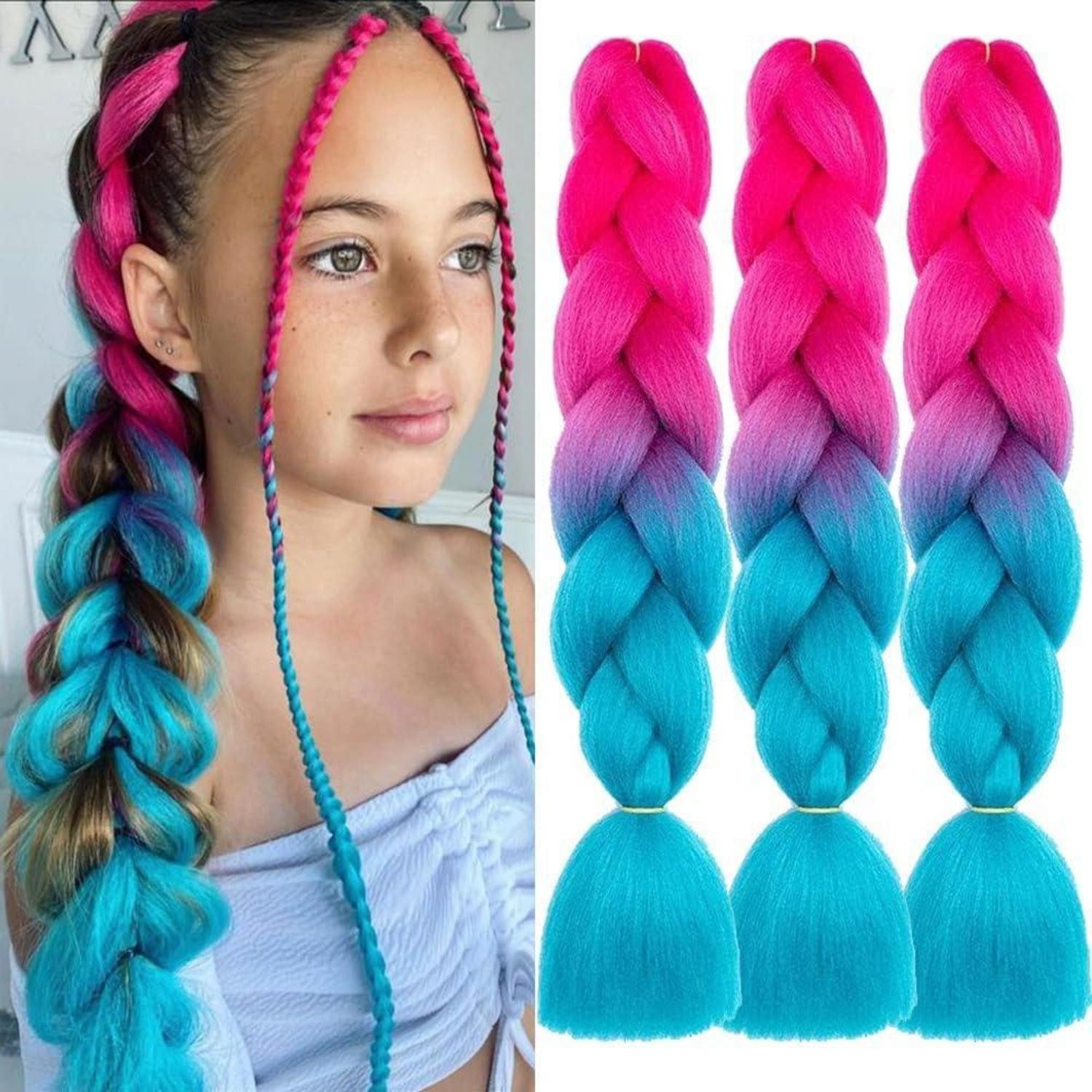 LuxusKollektion Kunsthaar-Extension Braids Kunsthaar Vorgedehnte 60cm 3er Pack Rosa Seeblau
