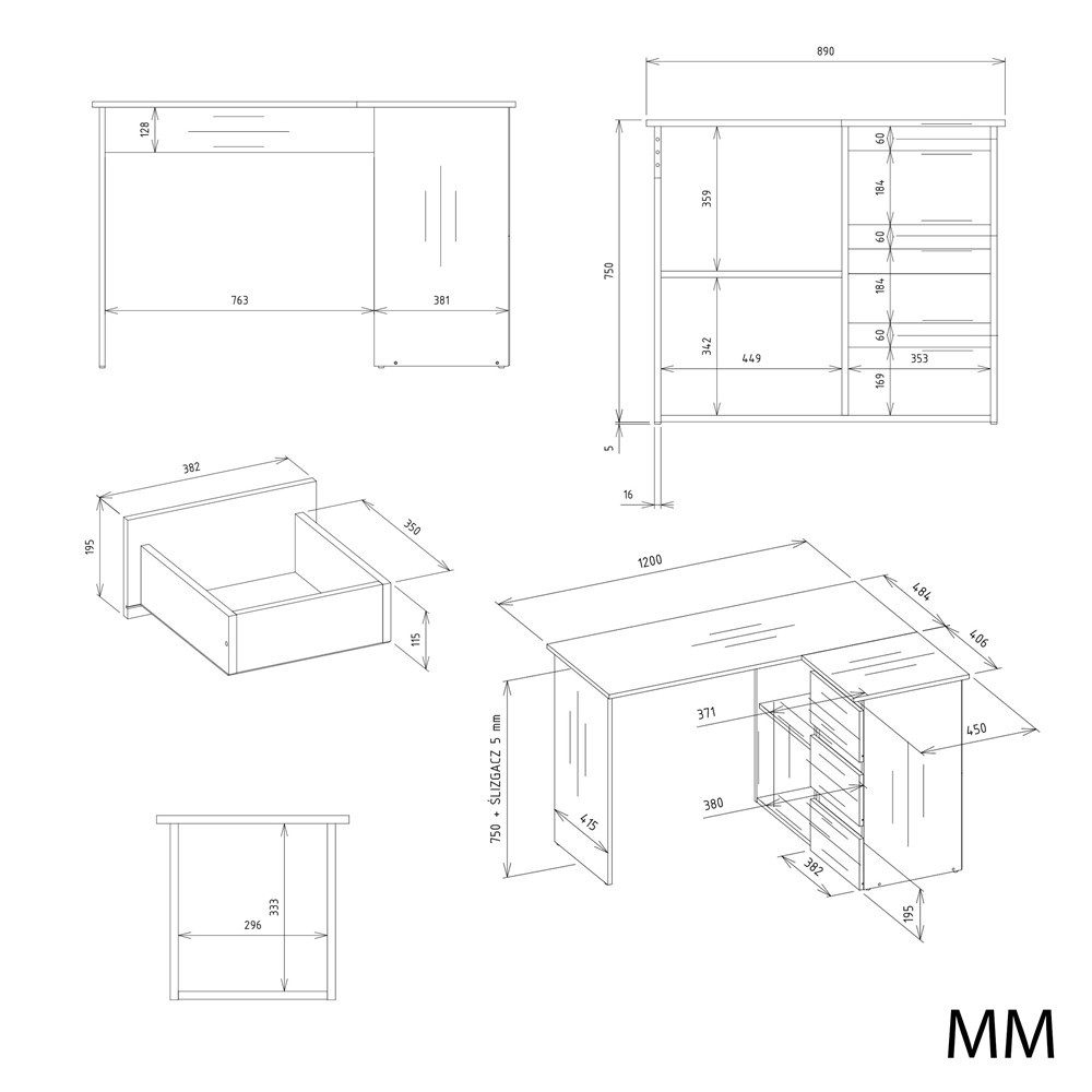 Raumhirsch Furniture Schreibtisch Computertisch, Bürotisch, Lerntisch, Arbeitstisch (Maße 120 x 48,5 x 75 (H) cm, 3 Schubladen), Offene Fächer, Große Arbeitsfläche