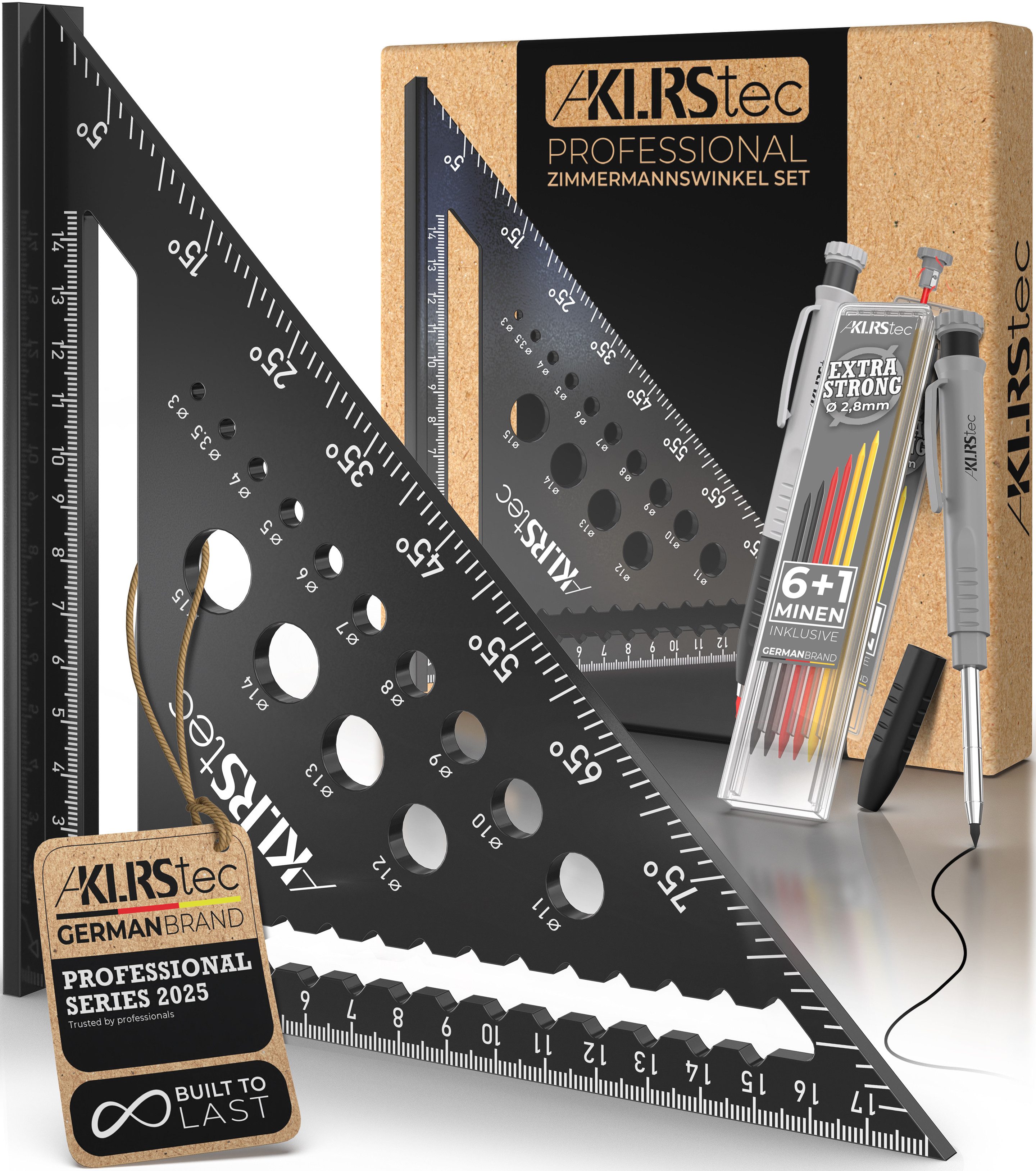 KLRStec Zimmermannswinkel Set – Hochwertiges Tischlerwinkel Set inkl. Tieflochmarker, [+Minen] Metall Messwinkel Werkzeug-Set